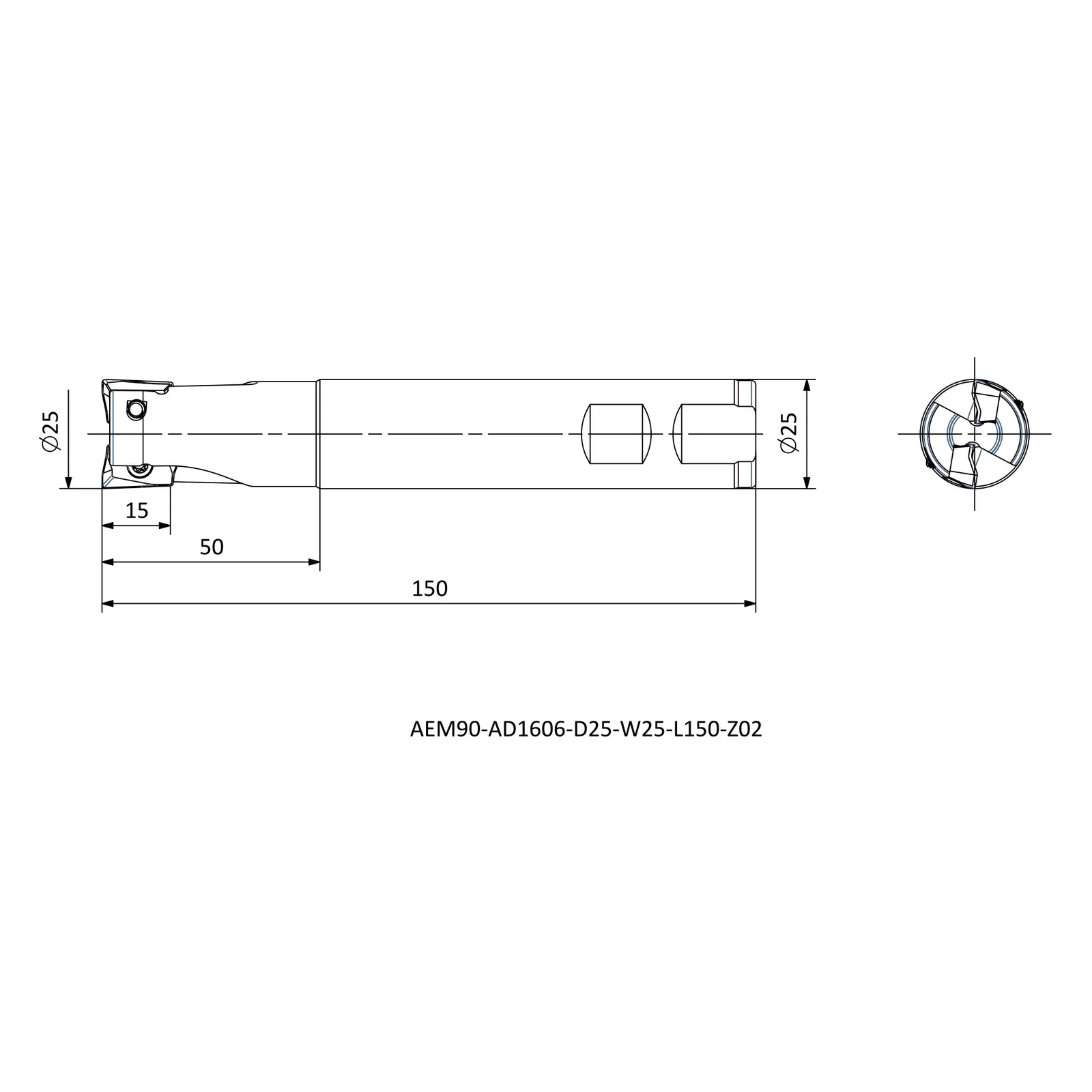 AEM90-AD1606-D25-W25-L150-Z02 &mdash; dimensioned drawing