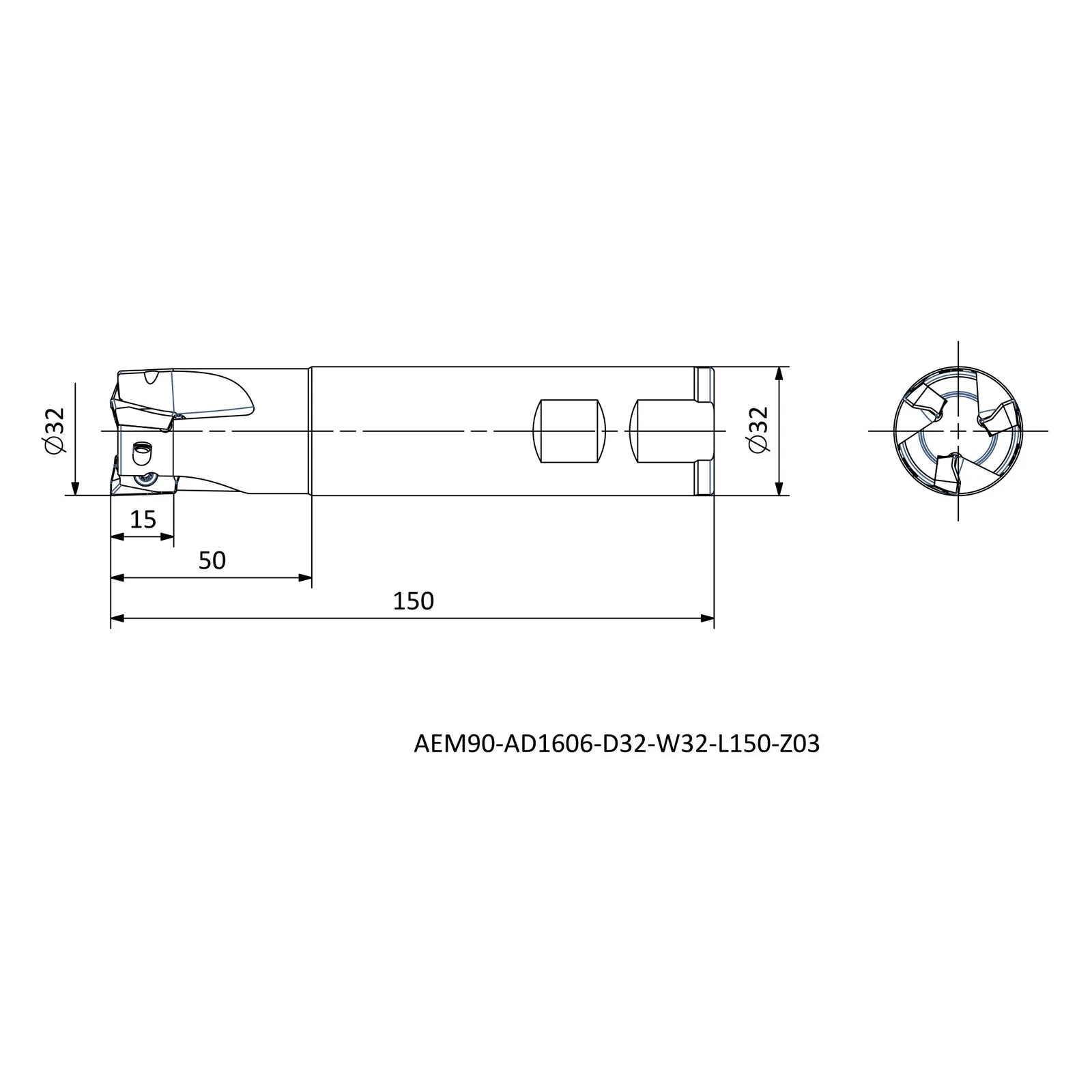 AEM90-AD1606-D32-W32-L150-Z03 &mdash; dimensioned drawing