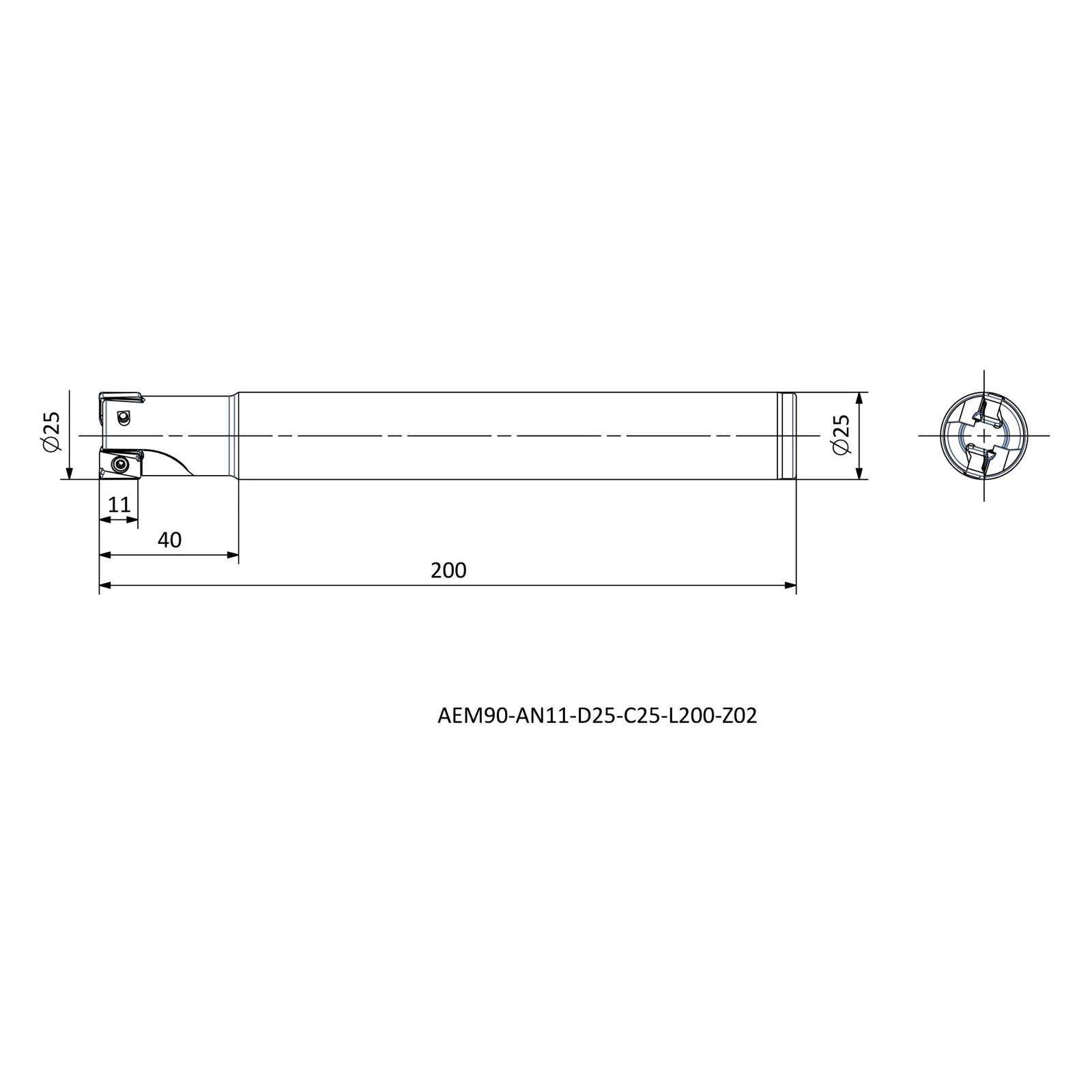 AEM90-AN11-D25-C25-L200-Z02 &mdash; dimensioned drawing