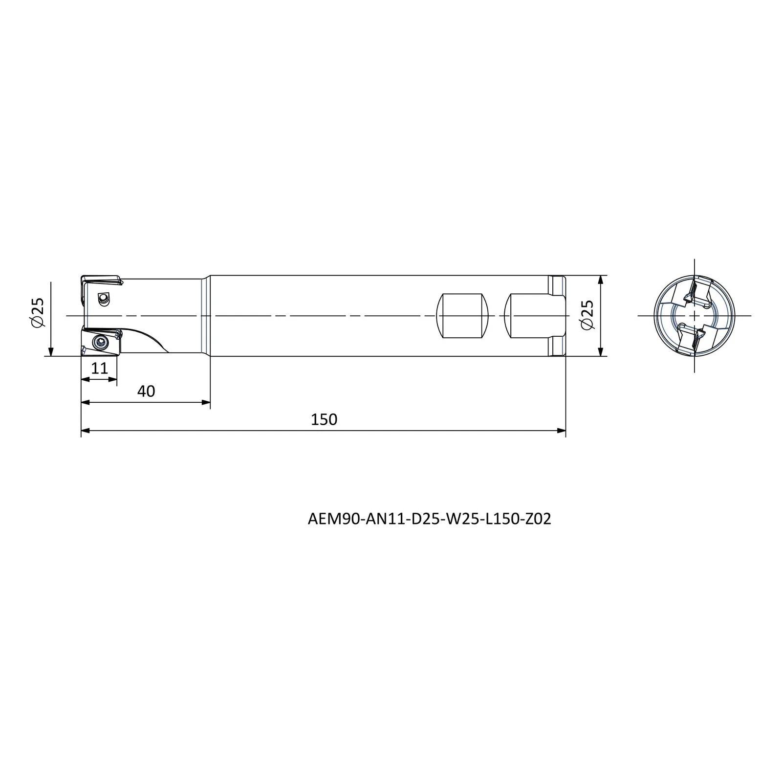 AEM90-AN11-D25-W25-L150-Z02 &mdash; dimensioned drawing