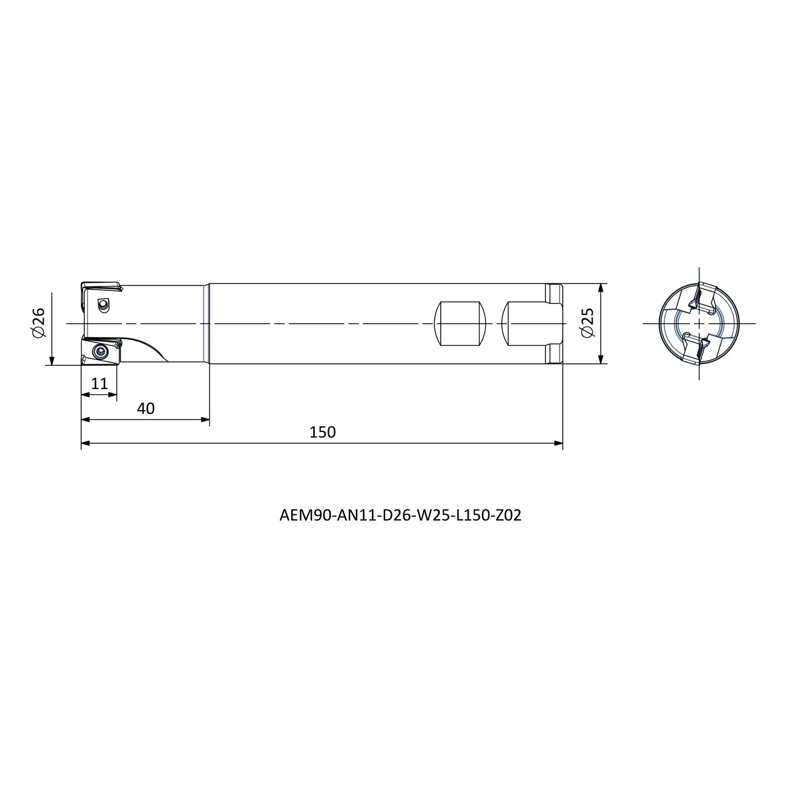 AEM90-AN11-D26-W25-L150-Z02 &mdash; dimensioned drawing
