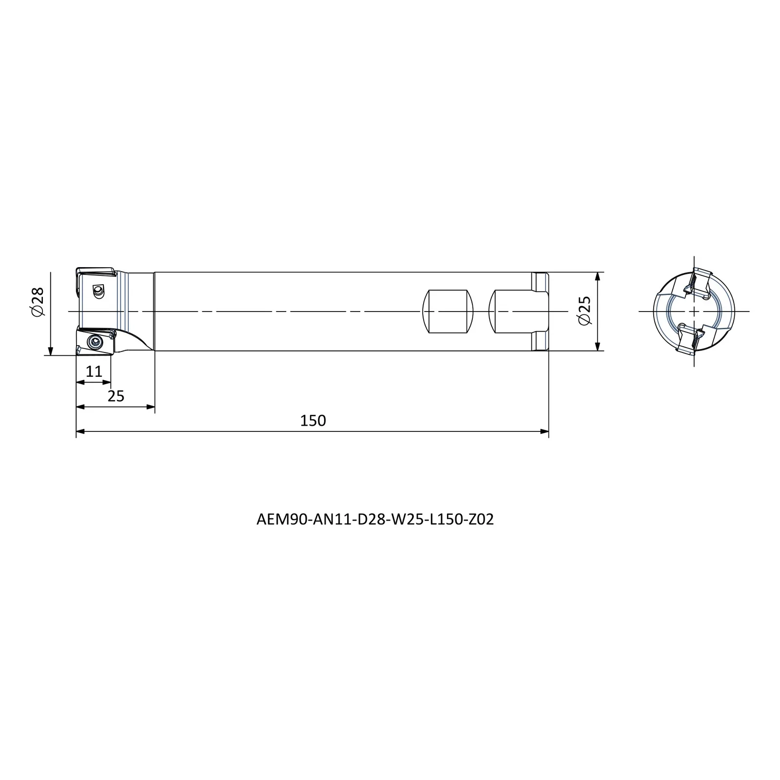 AEM90-AN11-D28-W25-L150-Z02 &mdash; dimensioned drawing