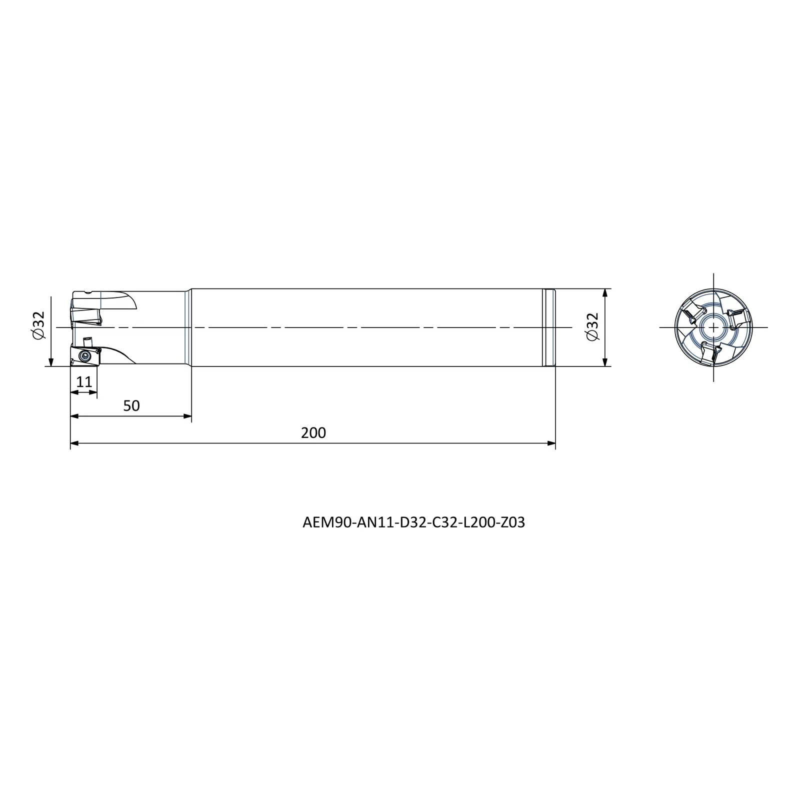 AEM90-AN11-D32-C32-L200-Z03 &mdash; dimensioned drawing