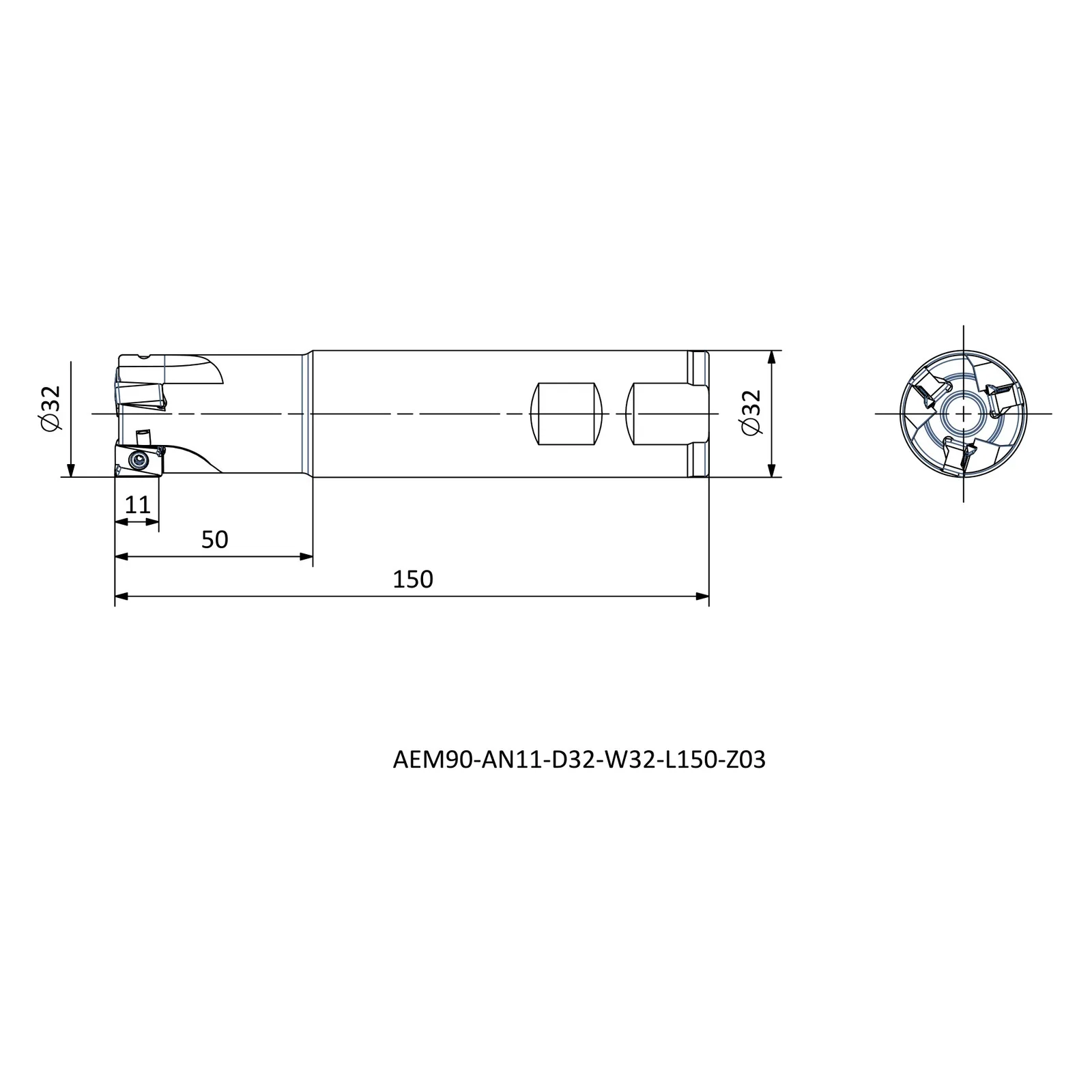 AEM90-AN11-D32-W32-L150-Z03 &mdash; dimensioned drawing