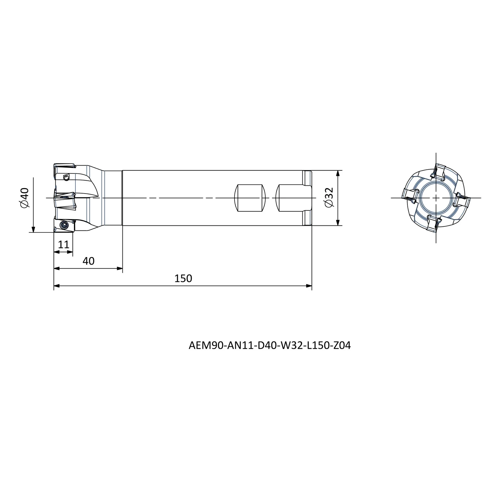 AEM90-AN11-D40-W32-L150-Z04 &mdash; dimensioned drawing