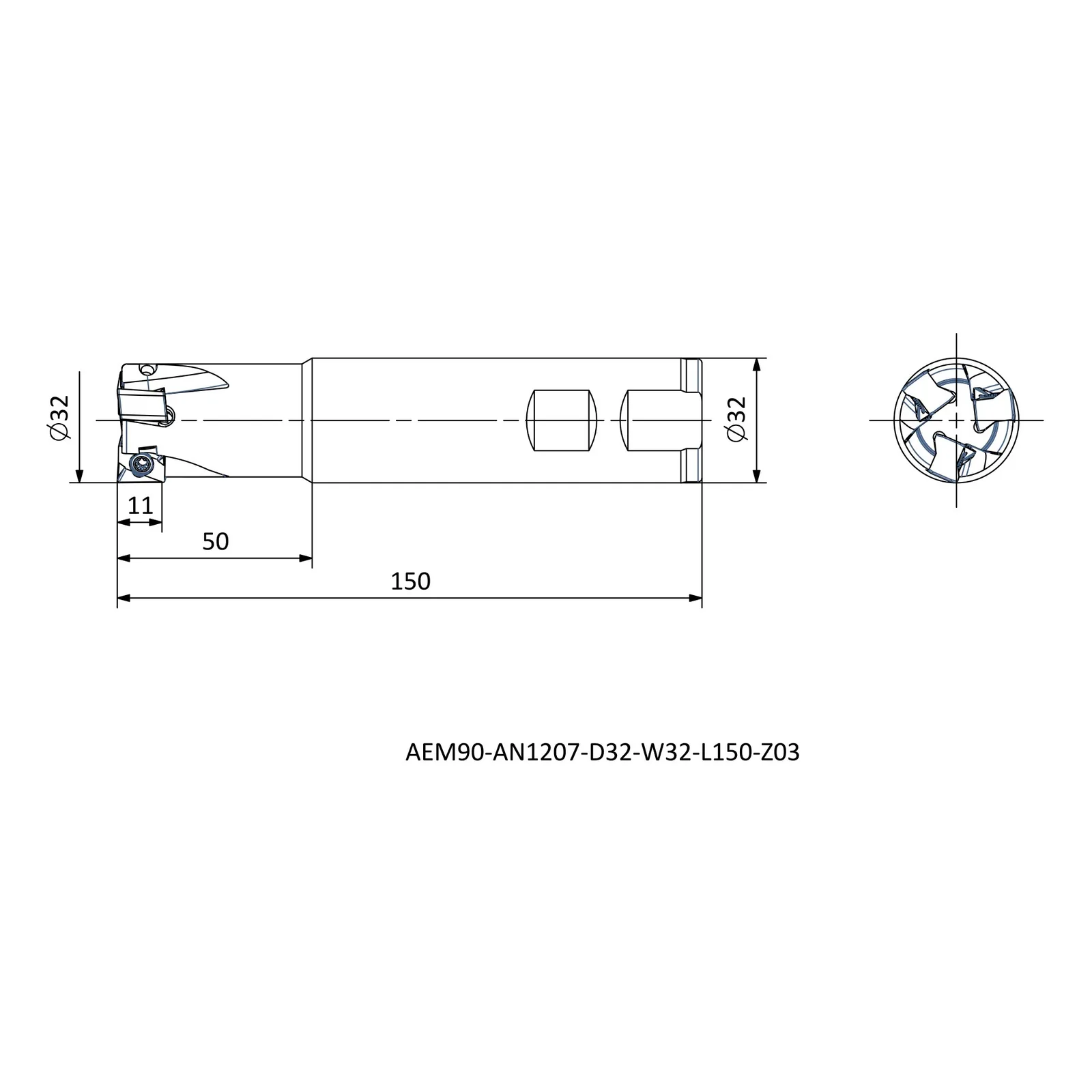 AEM90-AN1207-D32-W32-L150-Z03 &mdash; dimensioned drawing