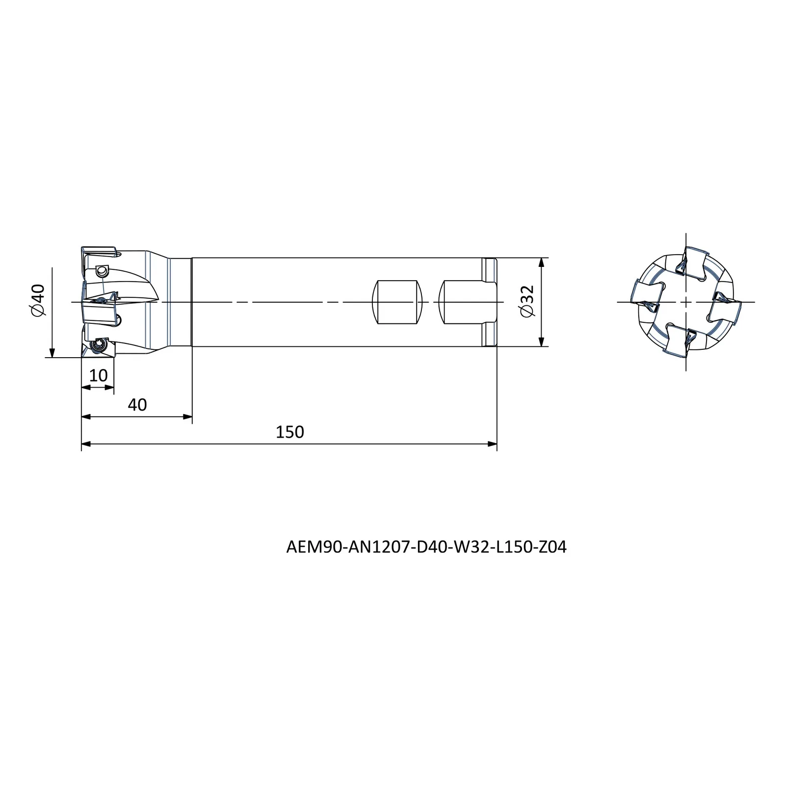 AEM90-AN1207-D40-W32-L150-Z04 &mdash; dimensioned drawing