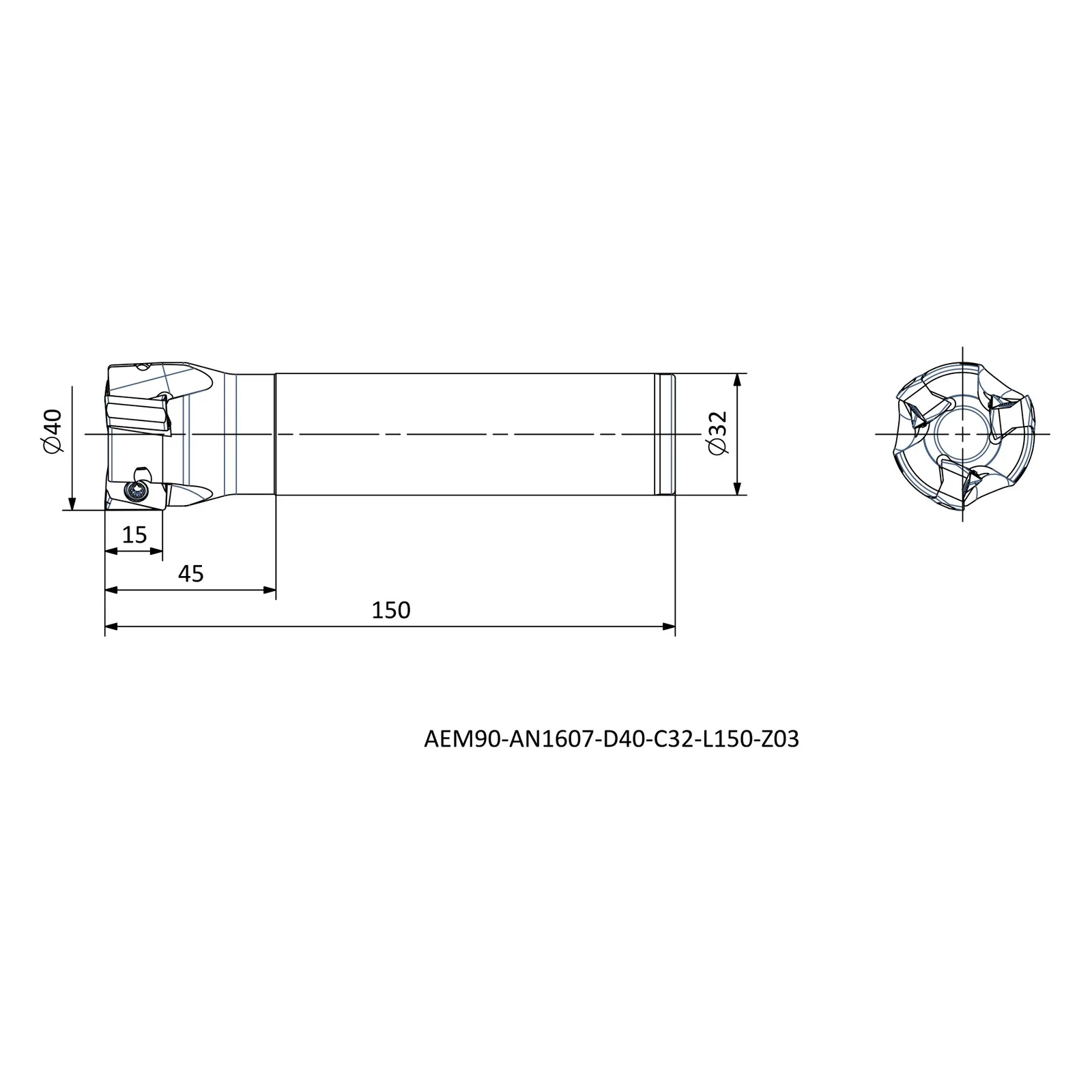 AEM90-AN1607-D40-C32-L150-Z03 &mdash; dimensioned drawing