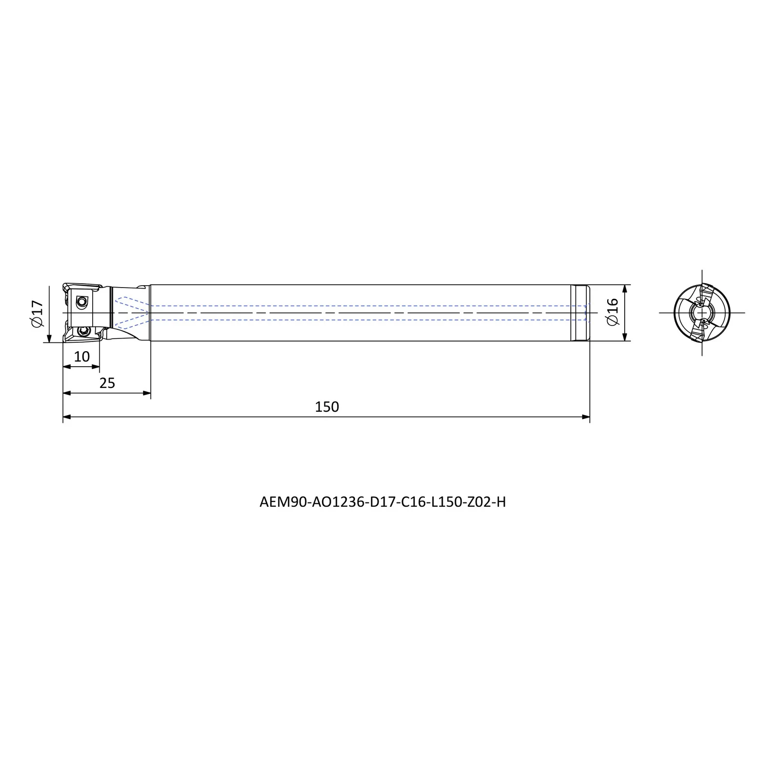 AEM90-AO1236-D17-C16-L150-Z02-H &mdash; dimensioned drawing
