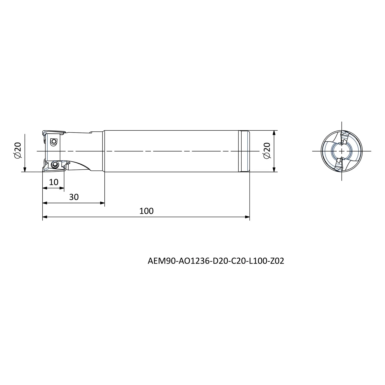 AEM90-AO1236-D20-C20-L100-Z02 &mdash; dimensioned drawing