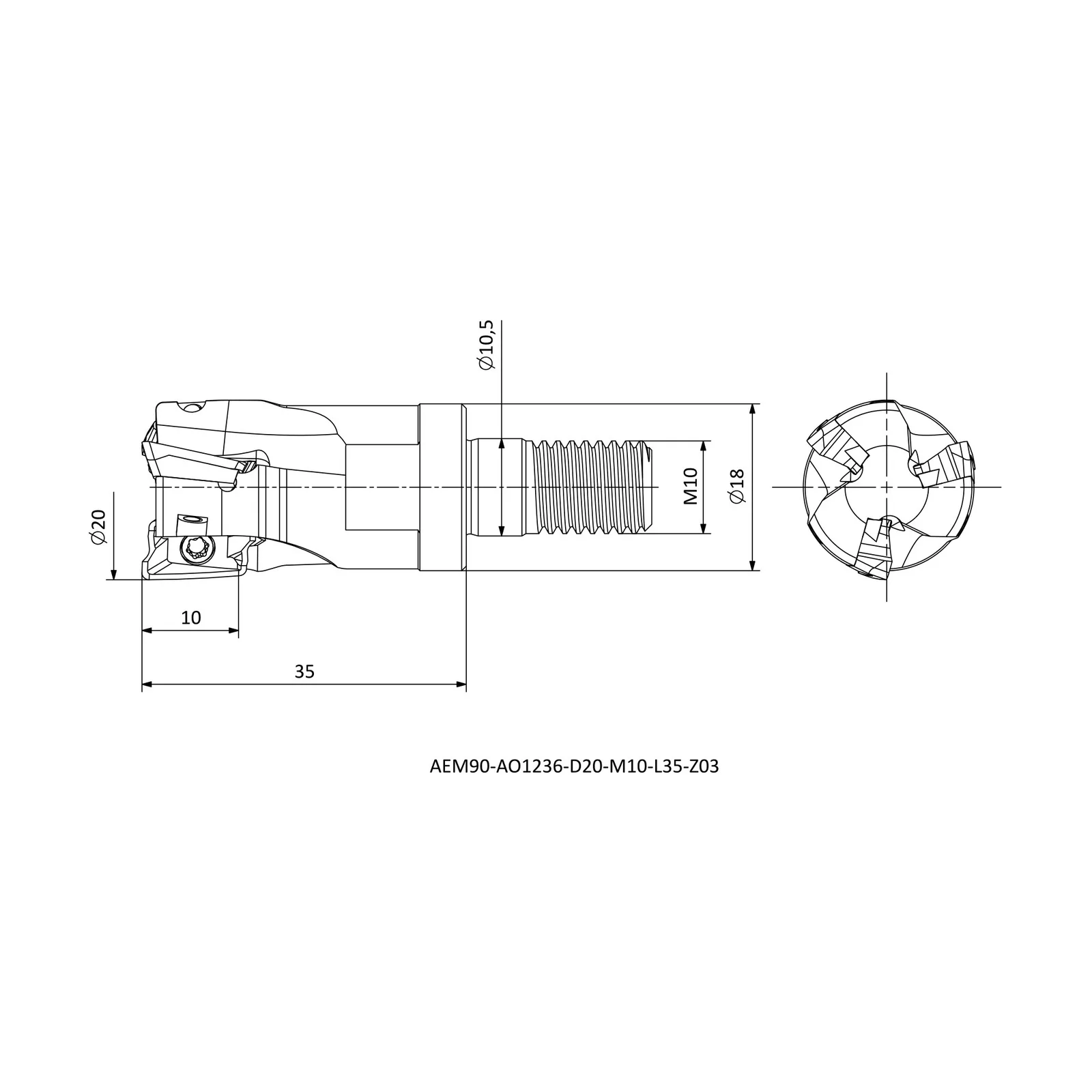 AEM90-AO1236-D20-M10-L35-Z03 &mdash; dimensioned drawing