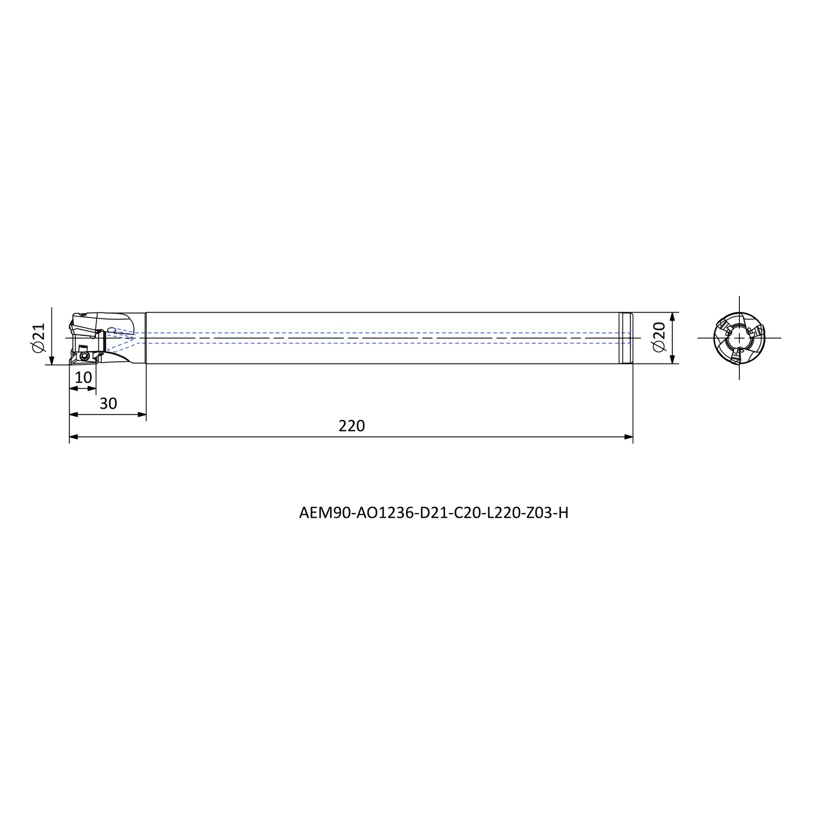 AEM90-AO1236-D21-C20-L220-Z03-H &mdash; dimensioned drawing