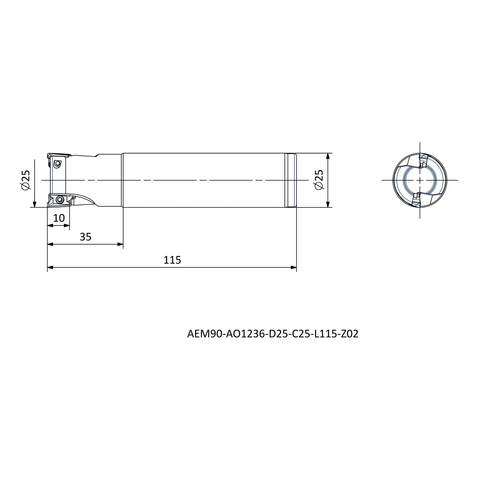AEM90-AO1236-D25-C25-L115-Z02 &mdash; dimensioned drawing