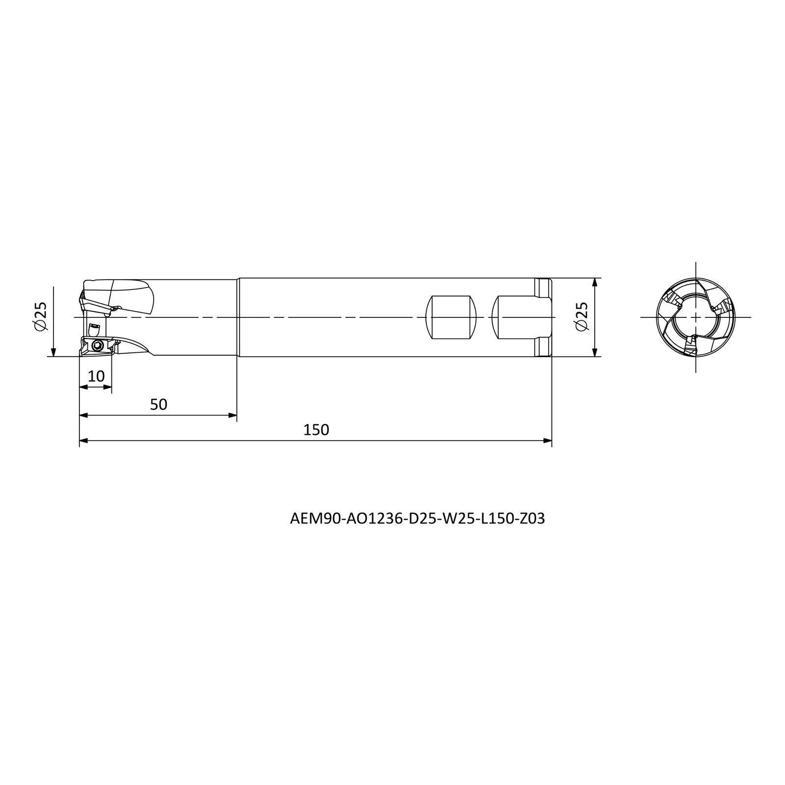 AEM90-AO1236-D25-W25-L150-Z03 &mdash; dimensioned drawing