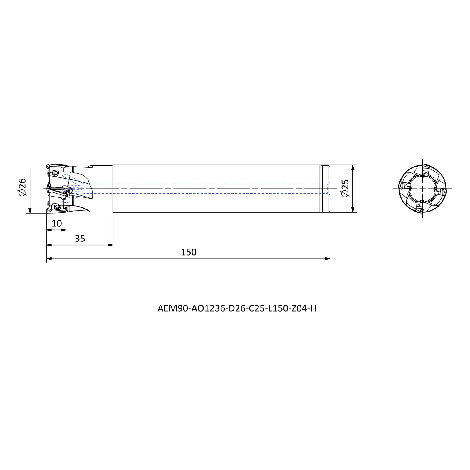 AEM90-AO1236-D26-C25-L150-Z04-H &mdash; dimensioned drawing