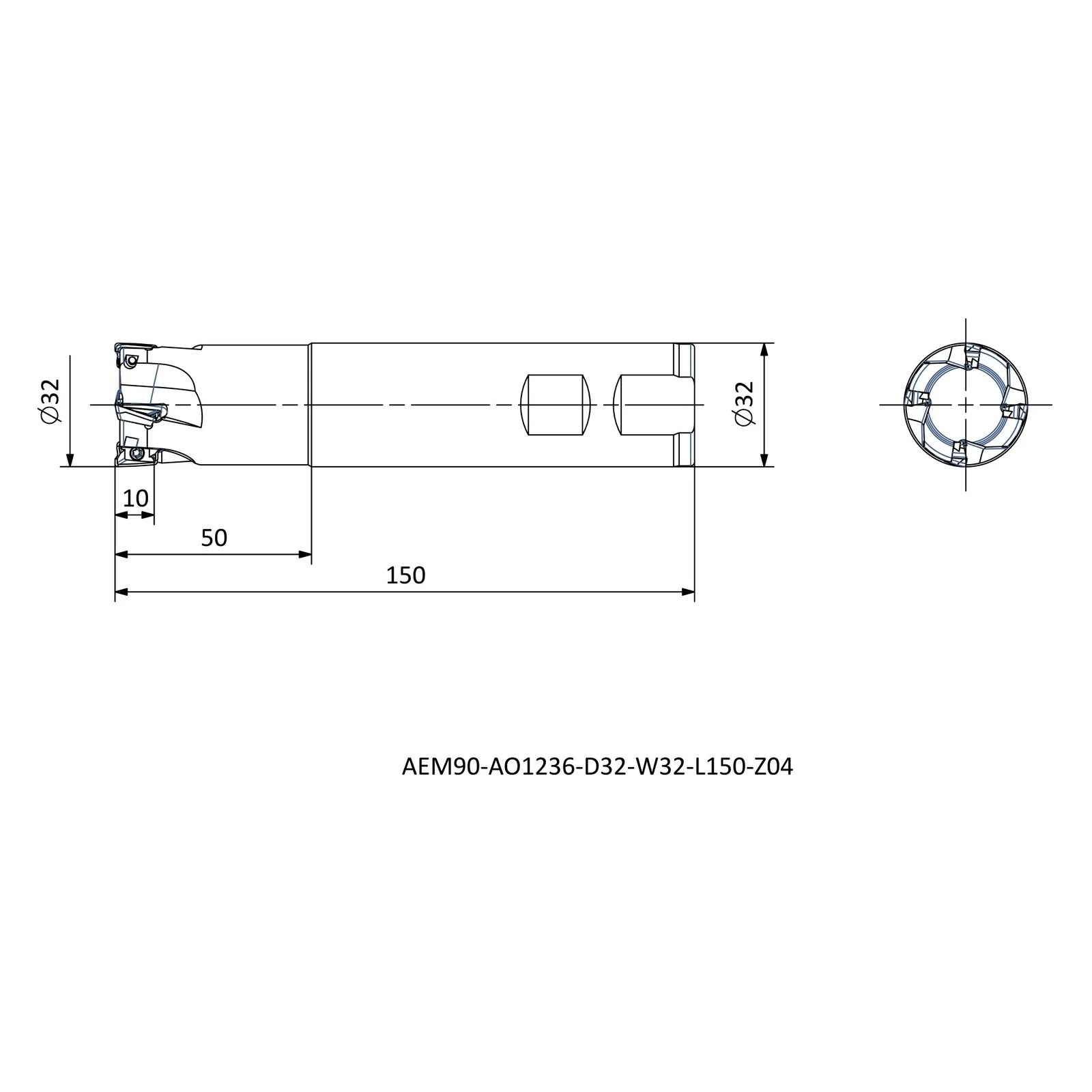 AEM90-AO1236-D32-W32-L150-Z04 &mdash; dimensioned drawing