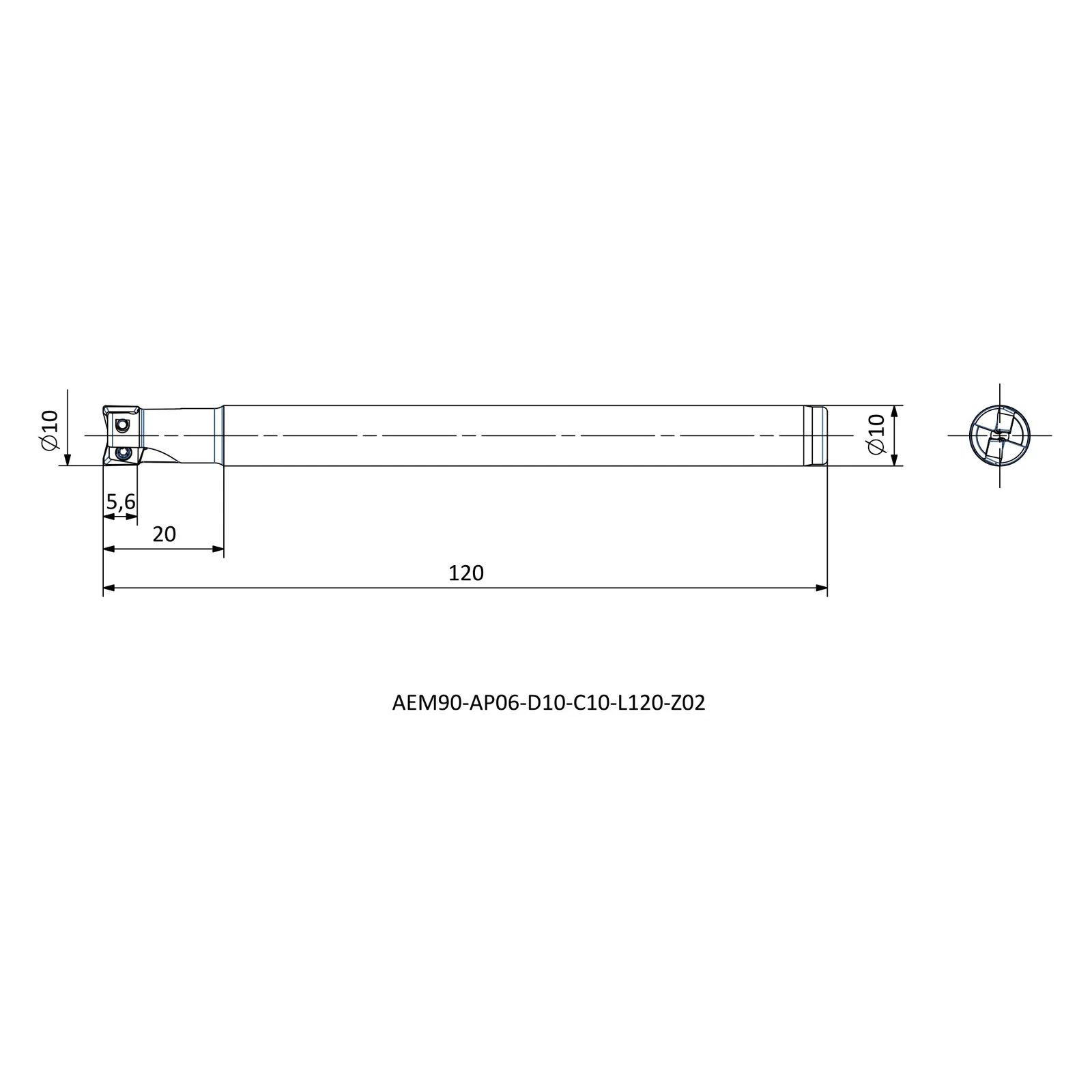 AEM90-AP06-D10-C10-L120-Z02 &mdash; dimensioned drawing