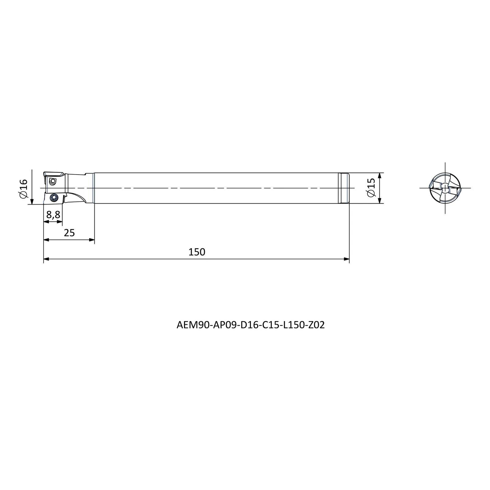 AEM90-AP09-D16-C15-L150-Z02 &mdash; dimensioned drawing