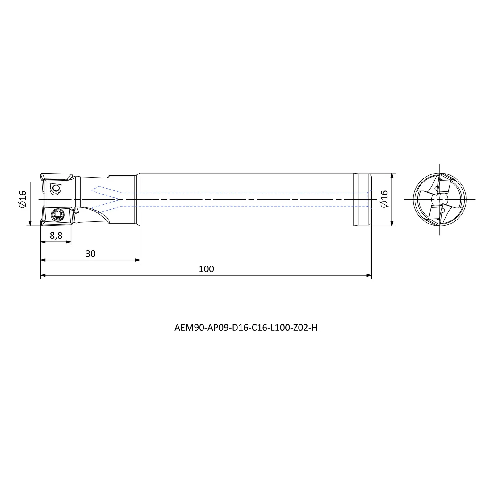 AEM90-AP09-D16-C16-L100-Z02-H &mdash; dimensioned drawing