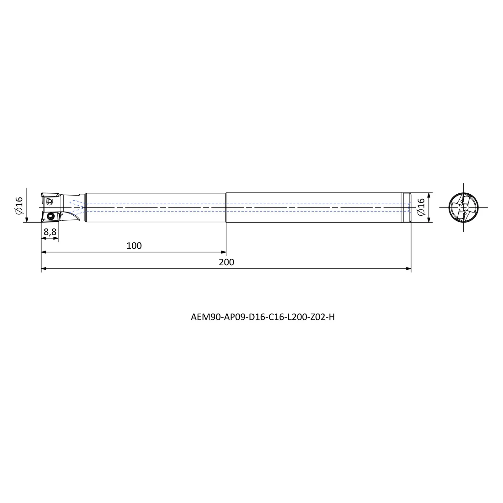 AEM90-AP09-D16-C16-L200-Z02-H &mdash; dimensioned drawing