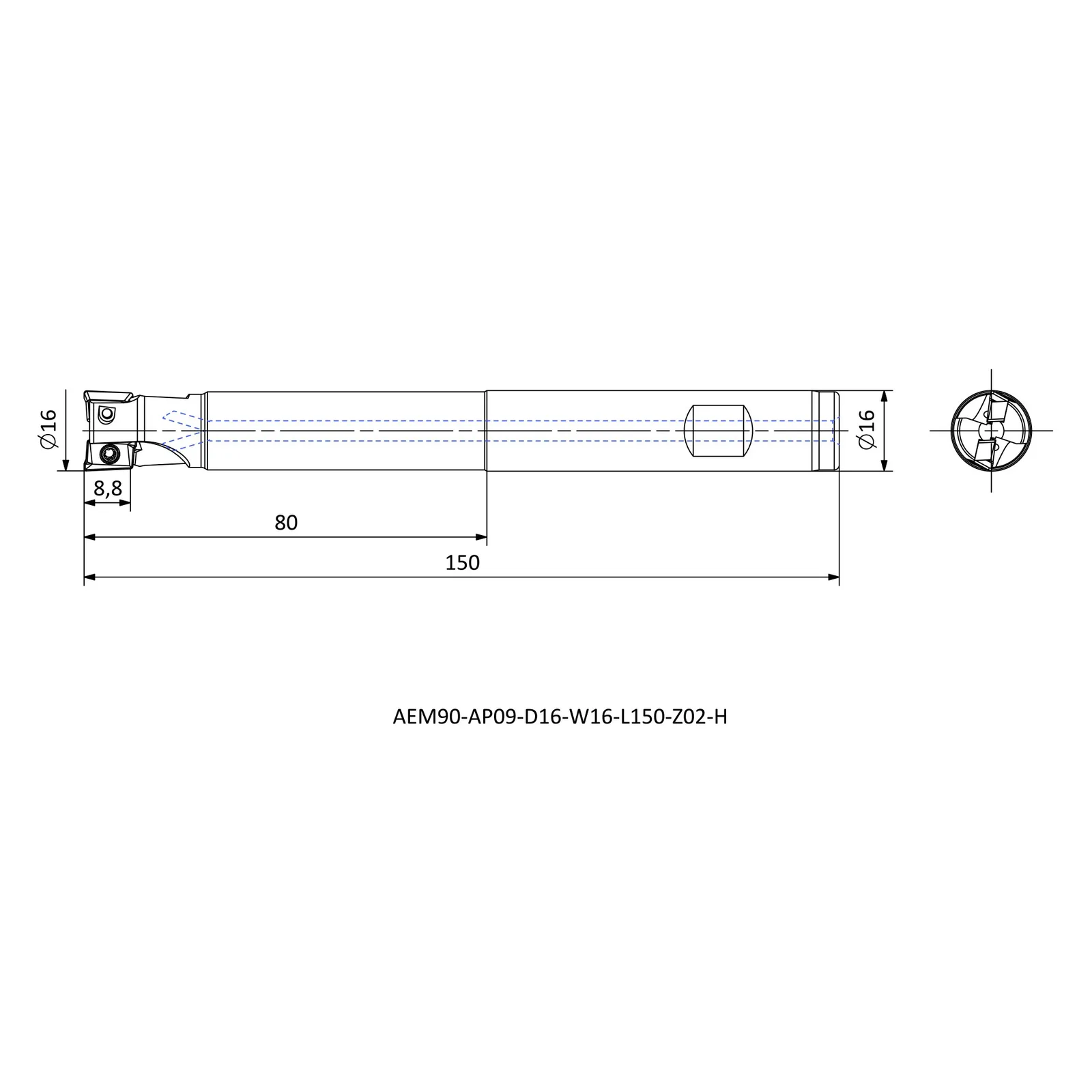 AEM90-AP09-D16-W16-L150-Z02-H &mdash; dimensioned drawing