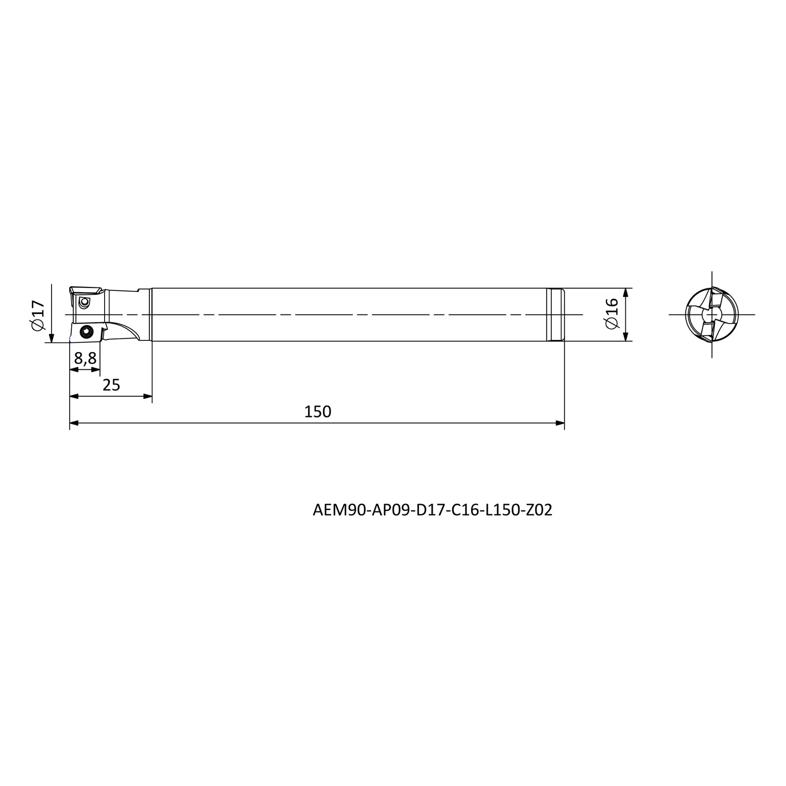 AEM90-AP09-D17-C16-L150-Z02 &mdash; dimensioned drawing