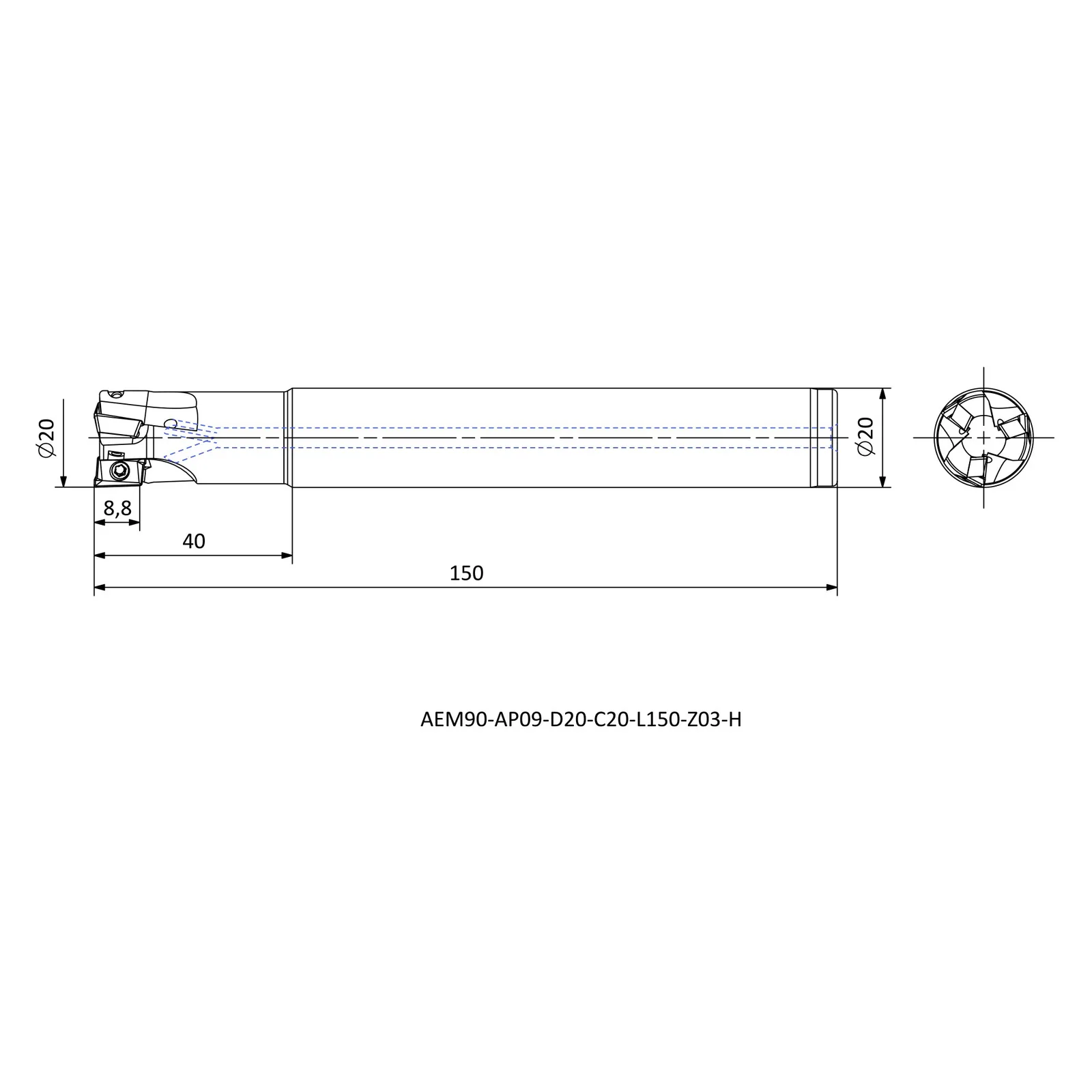 AEM90-AP09-D20-C20-L150-Z03-H &mdash; dimensioned drawing