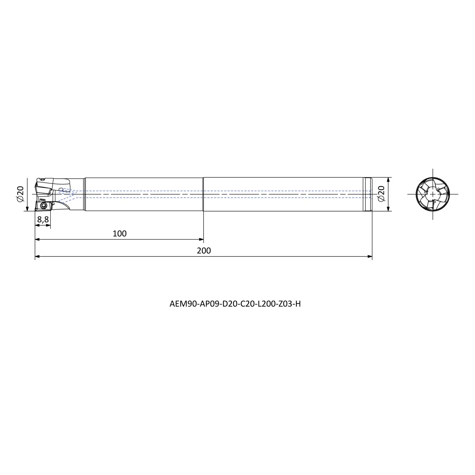 AEM90-AP09-D20-C20-L200-Z03-H &mdash; dimensioned drawing