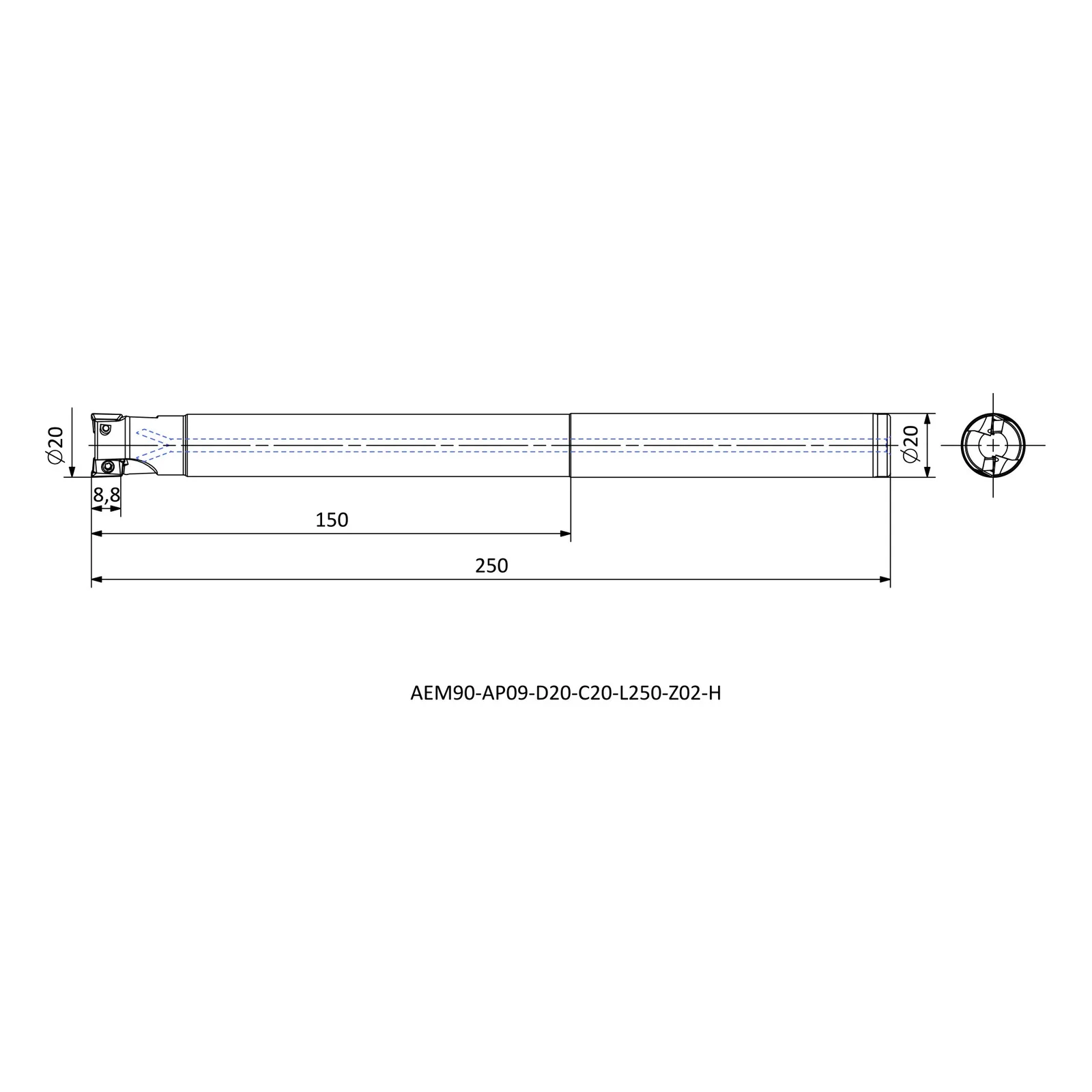 AEM90-AP09-D20-C20-L250-Z02-H &mdash; dimensioned drawing