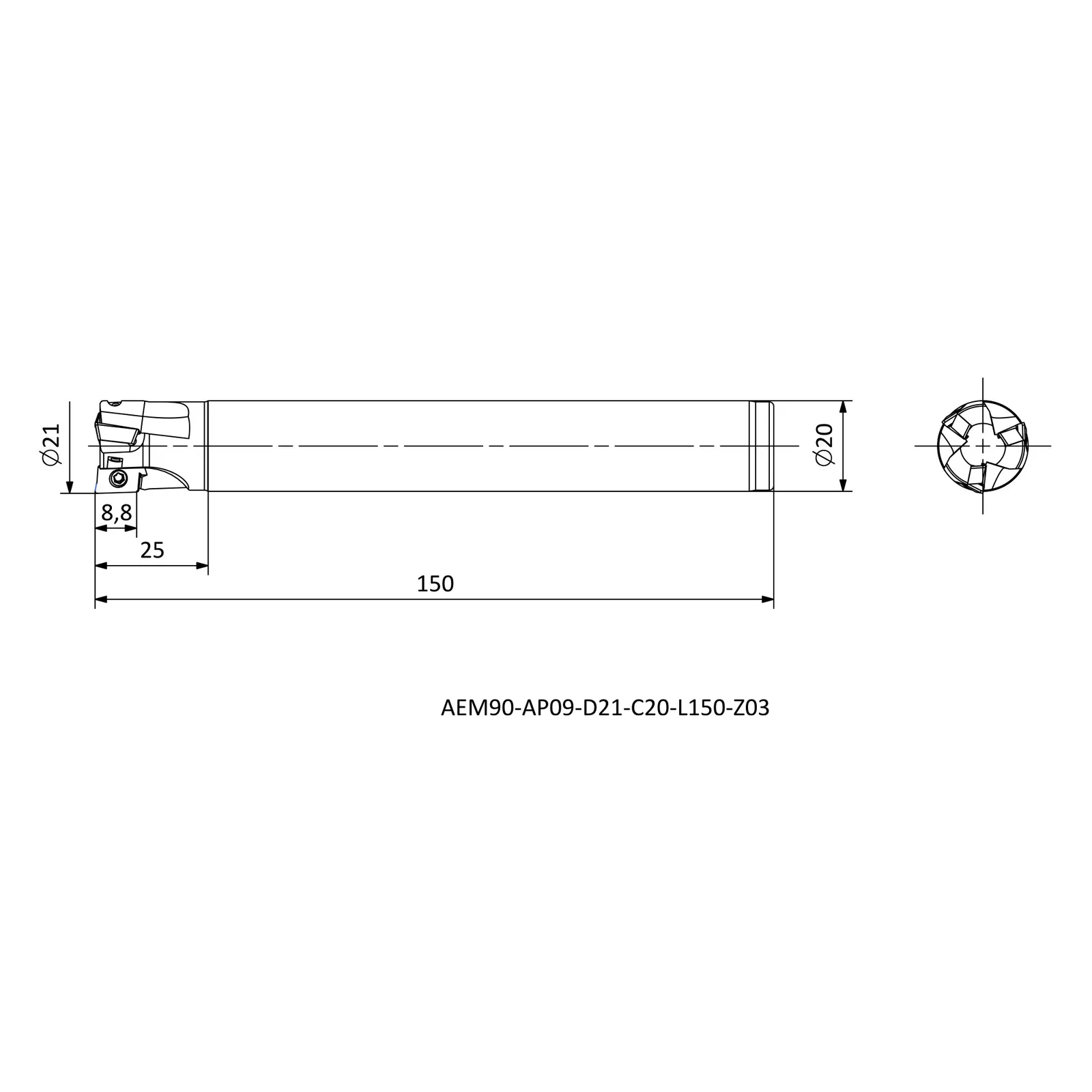 AEM90-AP09-D21-C20-L150-Z03 &mdash; dimensioned drawing