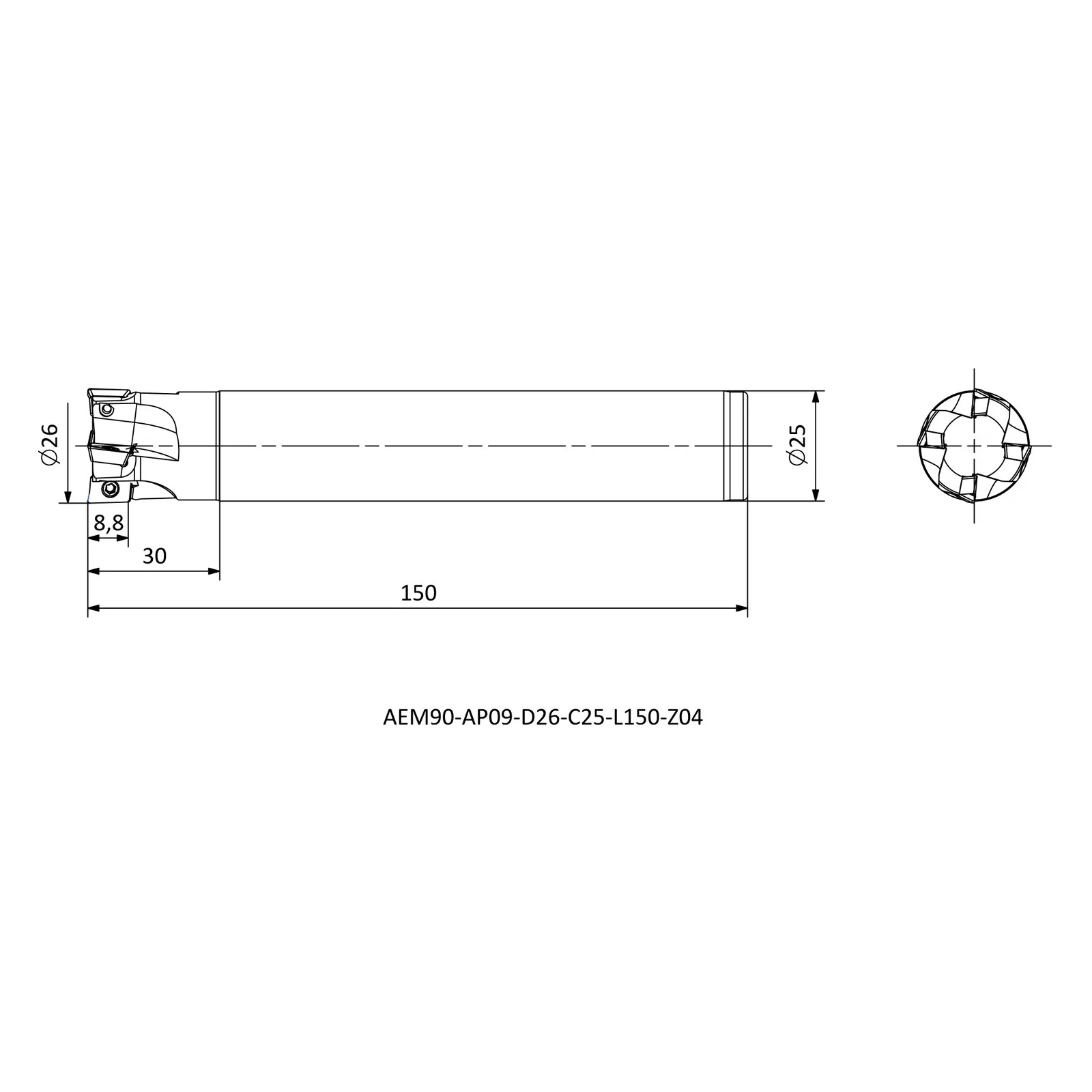 AEM90-AP09-D26-C25-L150-Z04 &mdash; dimensioned drawing