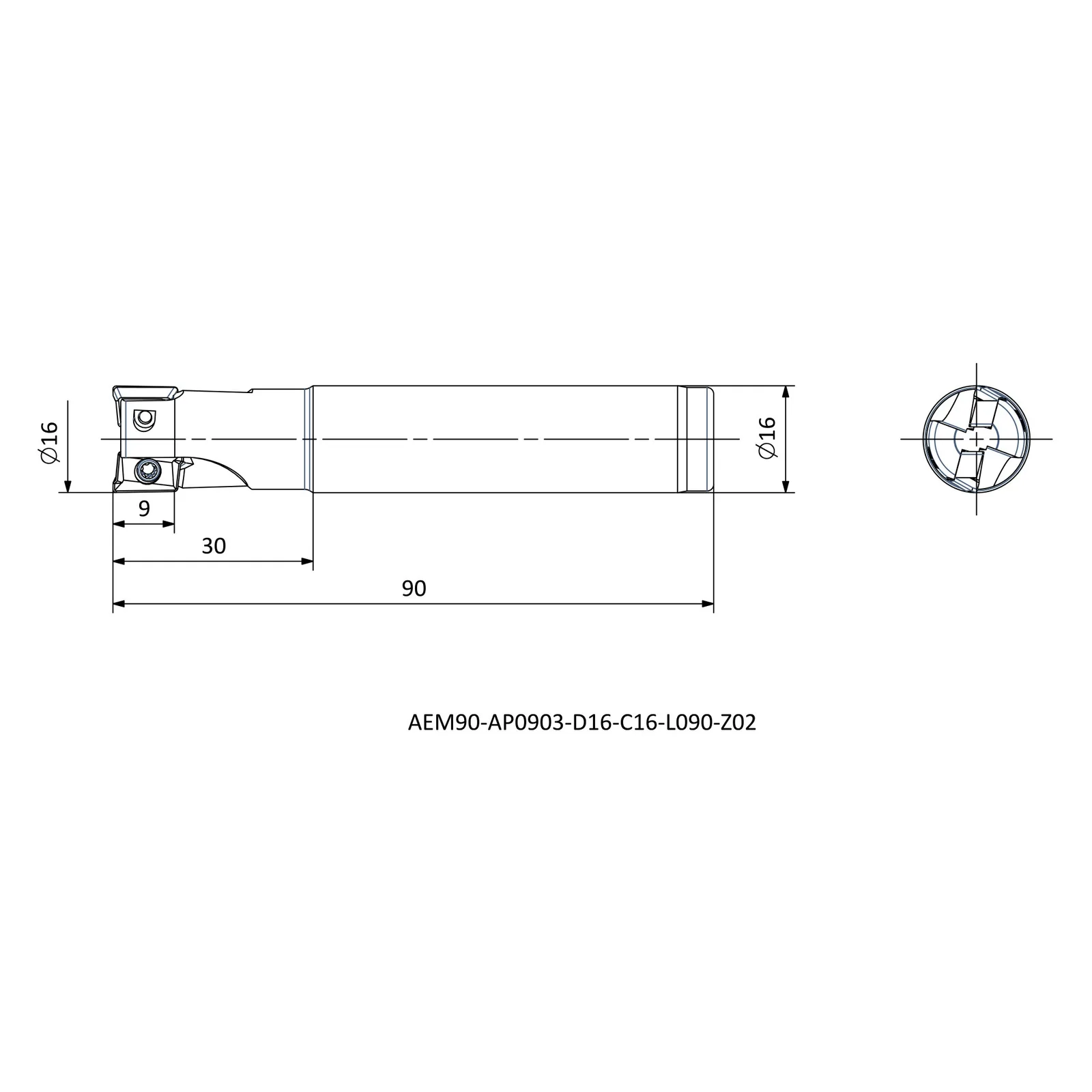 AEM90-AP0903-D16-C16-L090-Z02 &mdash; dimensioned drawing