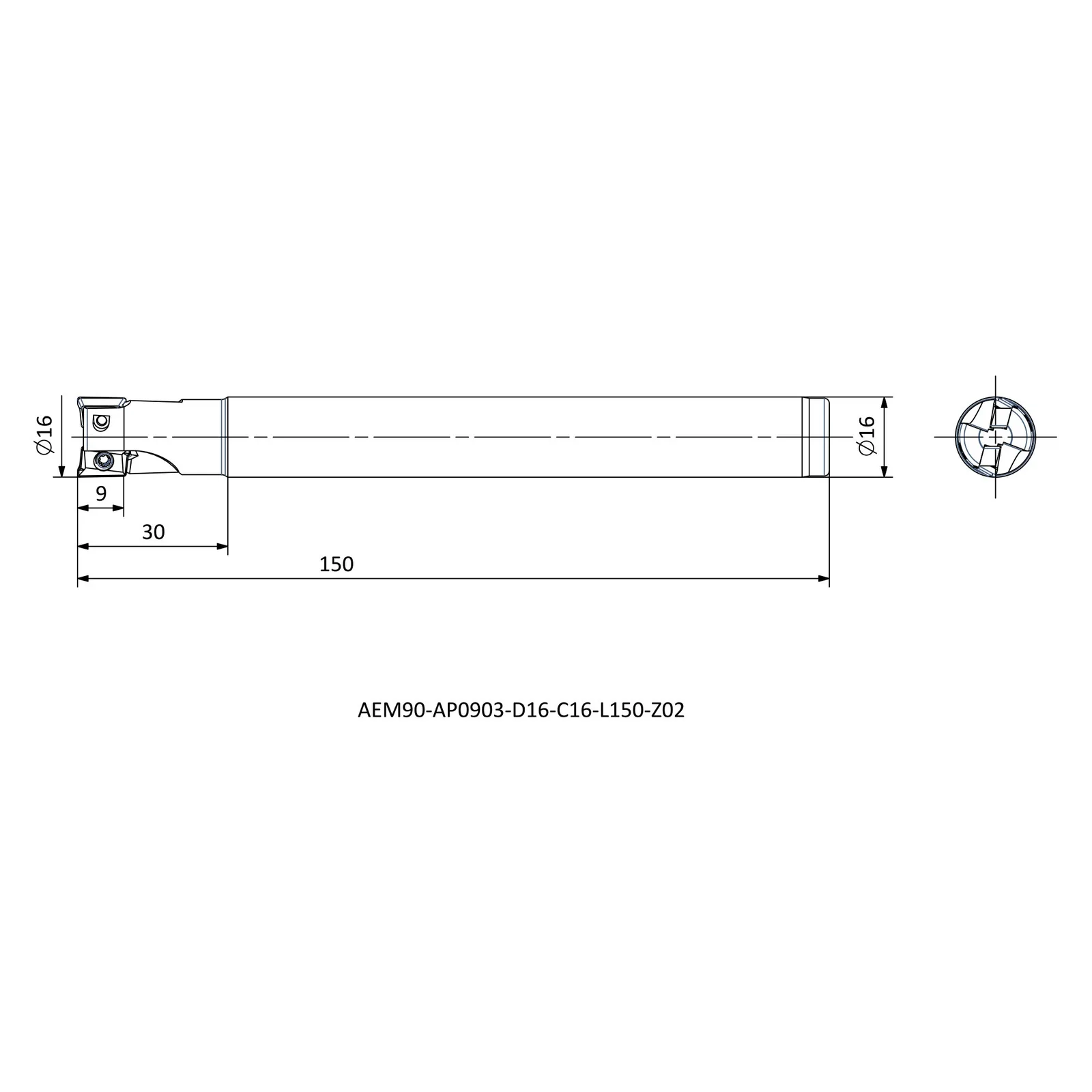 AEM90-AP0903-D16-C16-L150-Z02 &mdash; dimensioned drawing