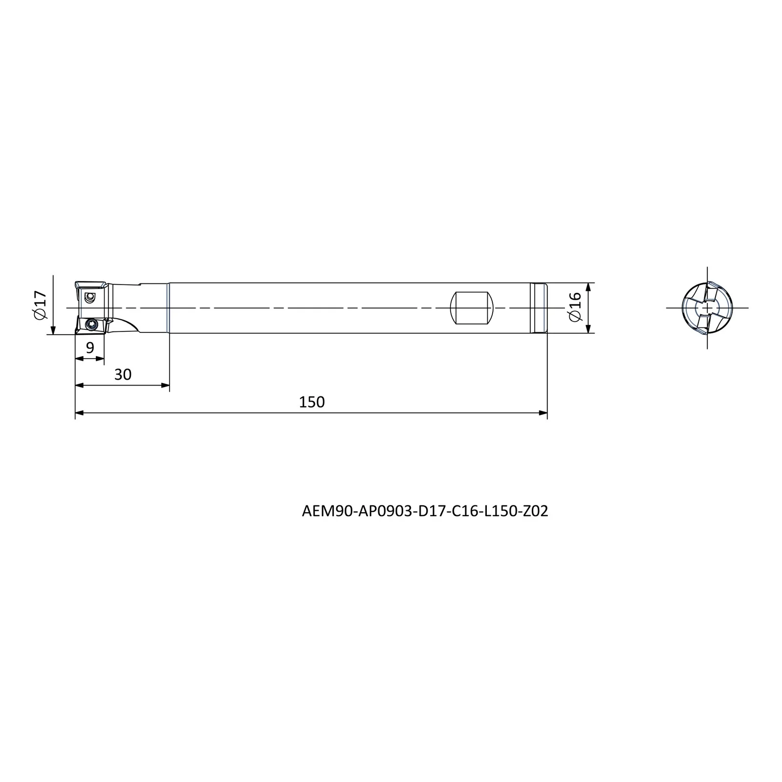 AEM90-AP0903-D17-C16-L150-Z02 &mdash; dimensioned drawing