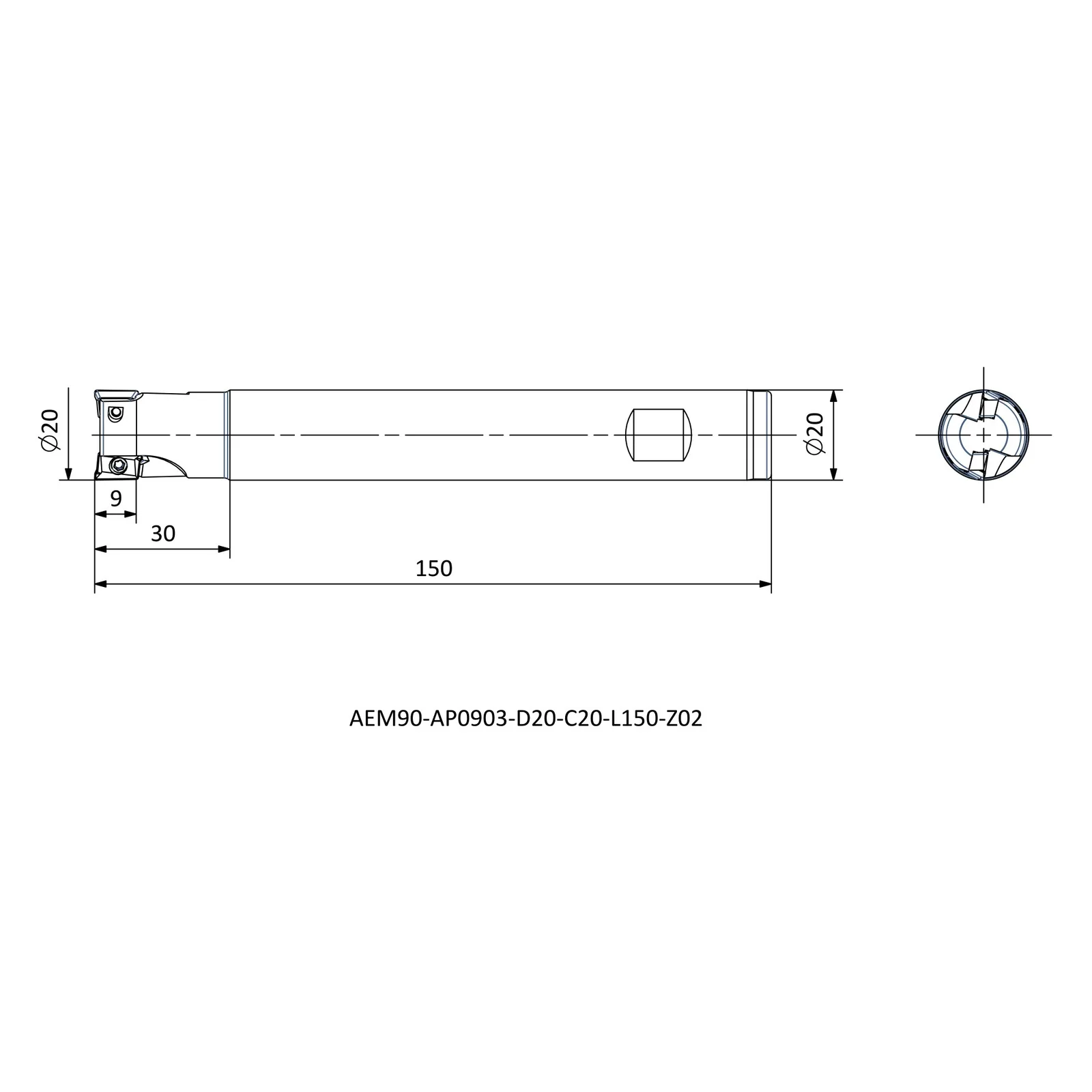 AEM90-AP0903-D20-C20-L150-Z02 &mdash; dimensioned drawing