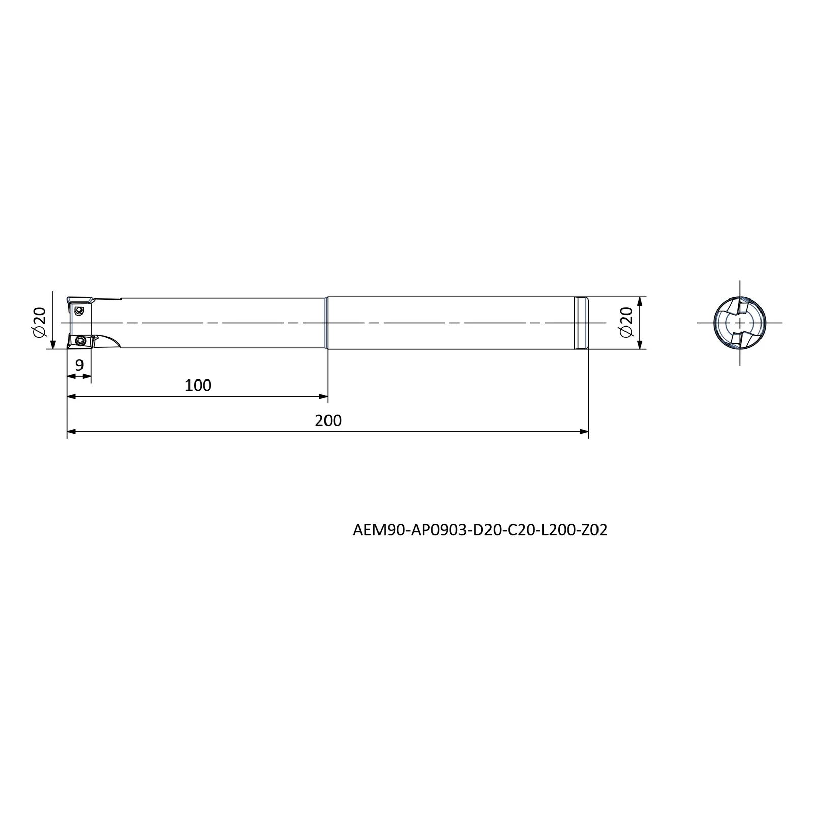 AEM90-AP0903-D20-C20-L200-Z02 &mdash; dimensioned drawing