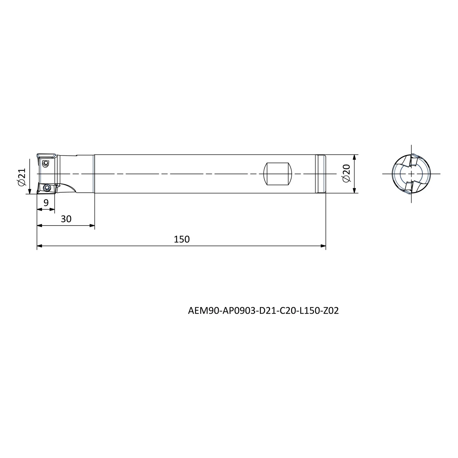 AEM90-AP0903-D21-C20-L150-Z02 &mdash; dimensioned drawing