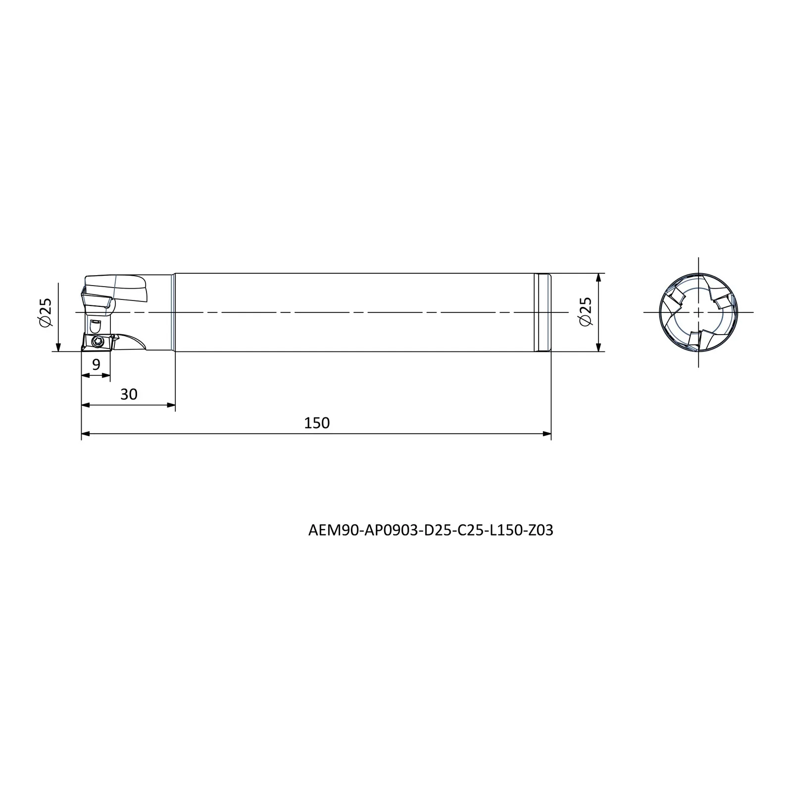 AEM90-AP0903-D25-C25-L150-Z03 &mdash; dimensioned drawing