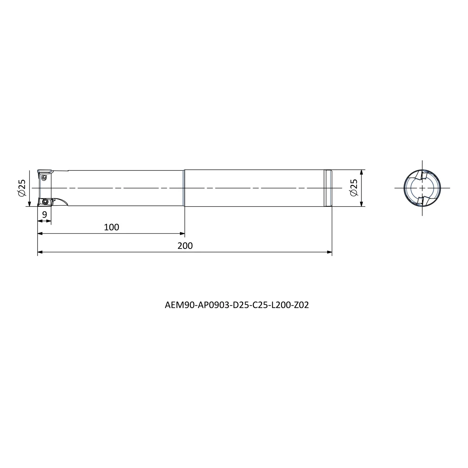 AEM90-AP0903-D25-C25-L200-Z02 &mdash; dimensioned drawing