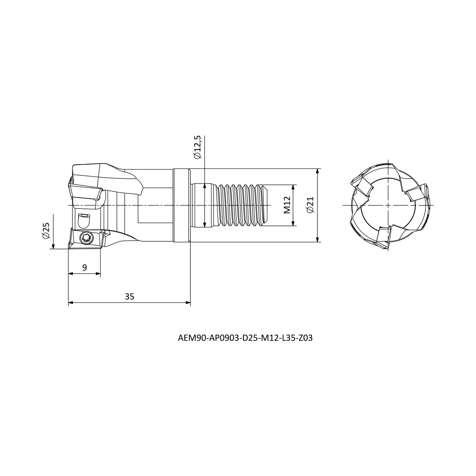 AEM90-AP0903-D25-M12-L35-Z03 &mdash; dimensioned drawing