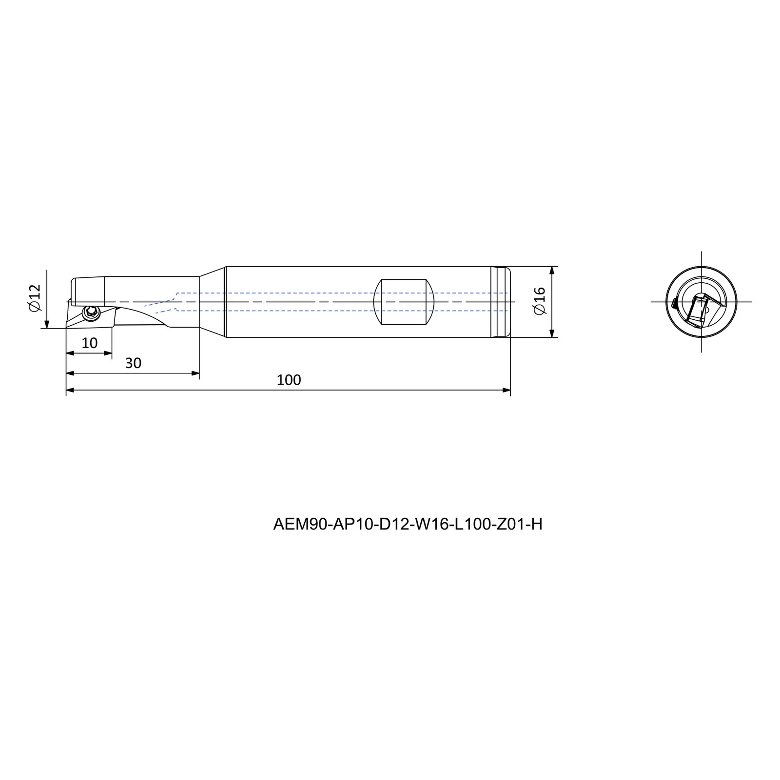 AEM90-AP10-D12-W16-L100-Z01-H &mdash; dimensioned drawing