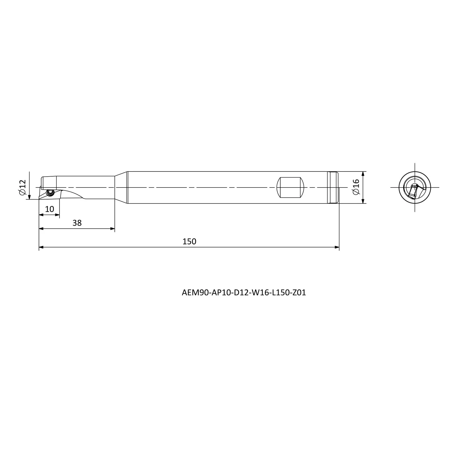 AEM90-AP10-D12-W16-L150-Z01 &mdash; dimensioned drawing