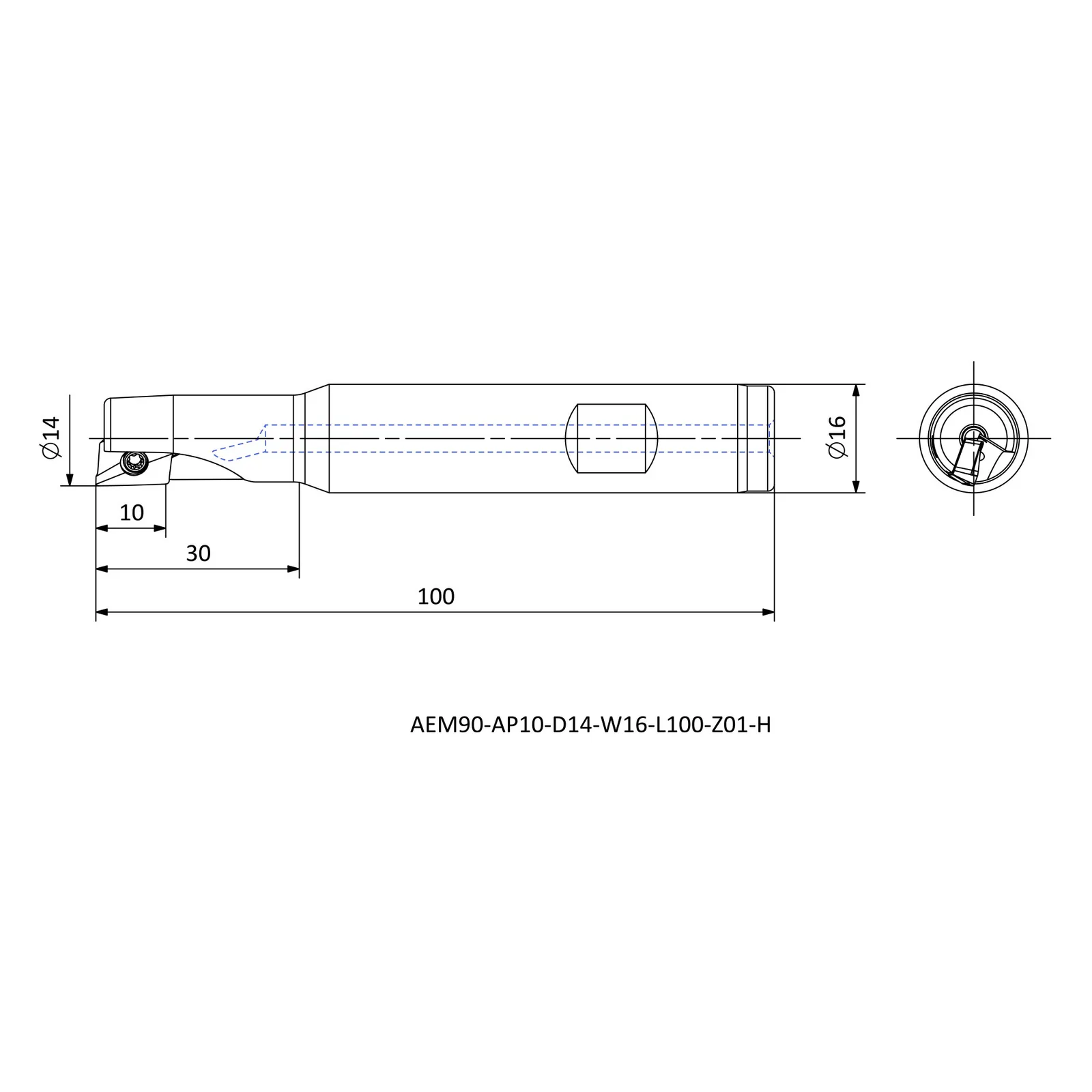 AEM90-AP10-D14-W16-L100-Z01-H &mdash; dimensioned drawing