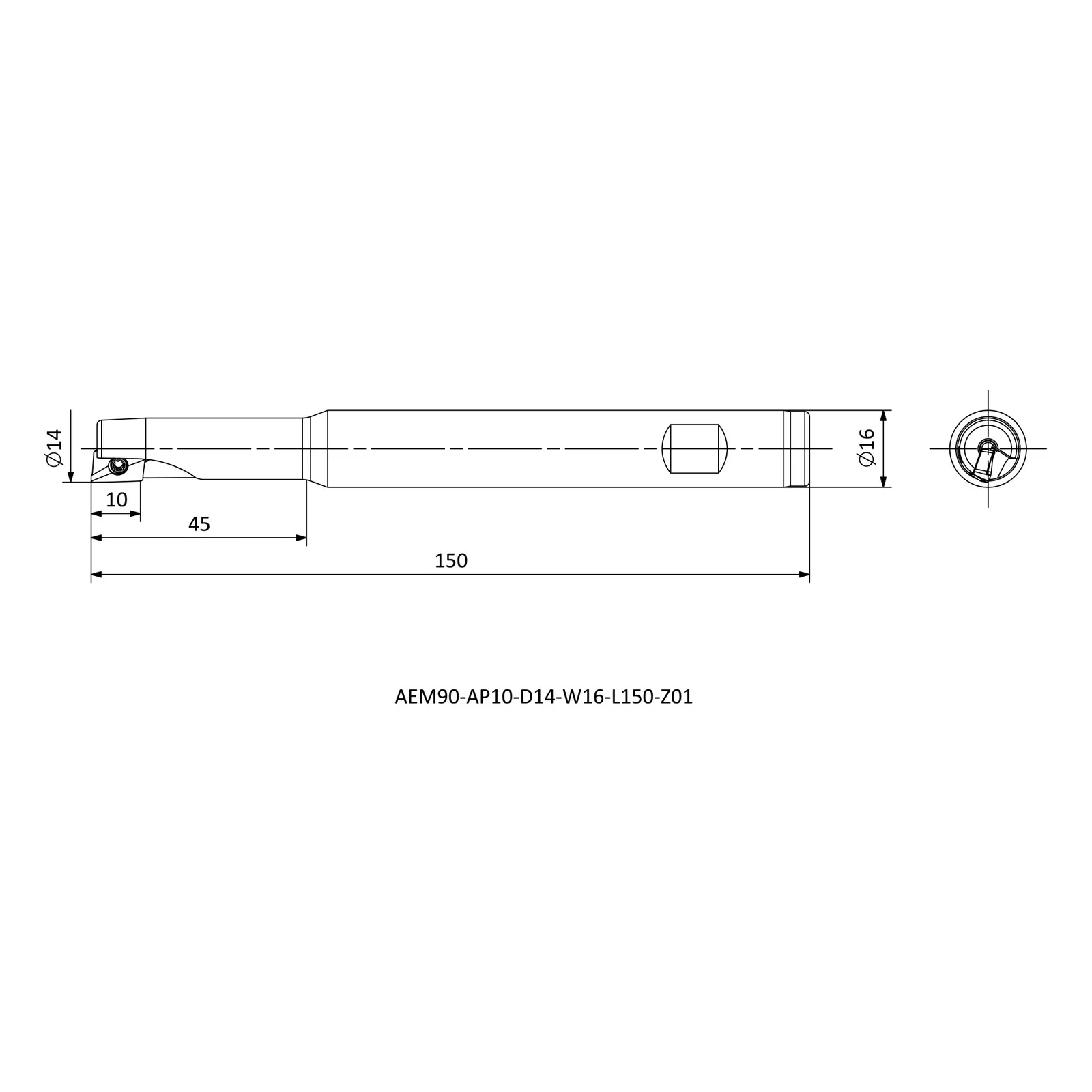 AEM90-AP10-D14-W16-L150-Z01 &mdash; dimensioned drawing