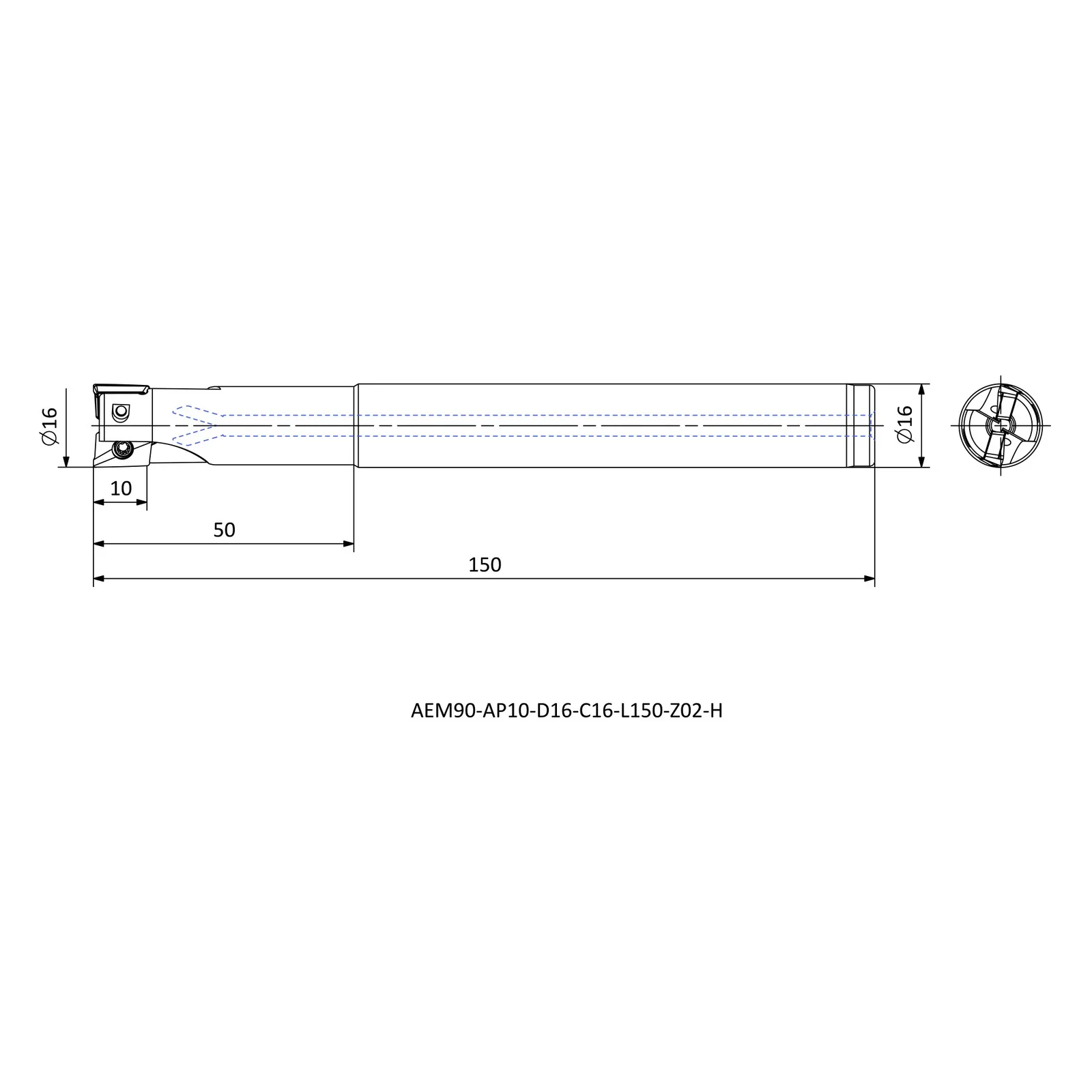 AEM90-AP10-D16-C16-L150-Z02-H &mdash; dimensioned drawing