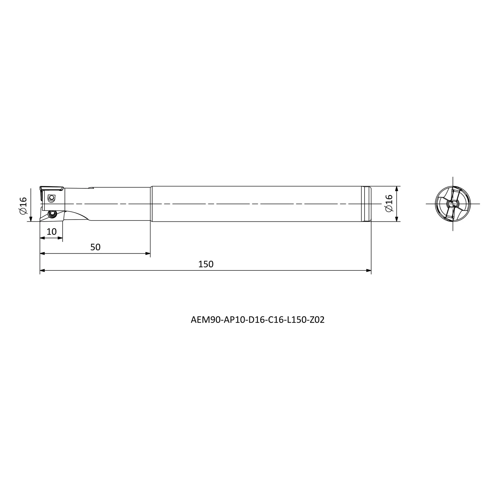 AEM90-AP10-D16-C16-L150-Z02 &mdash; dimensioned drawing