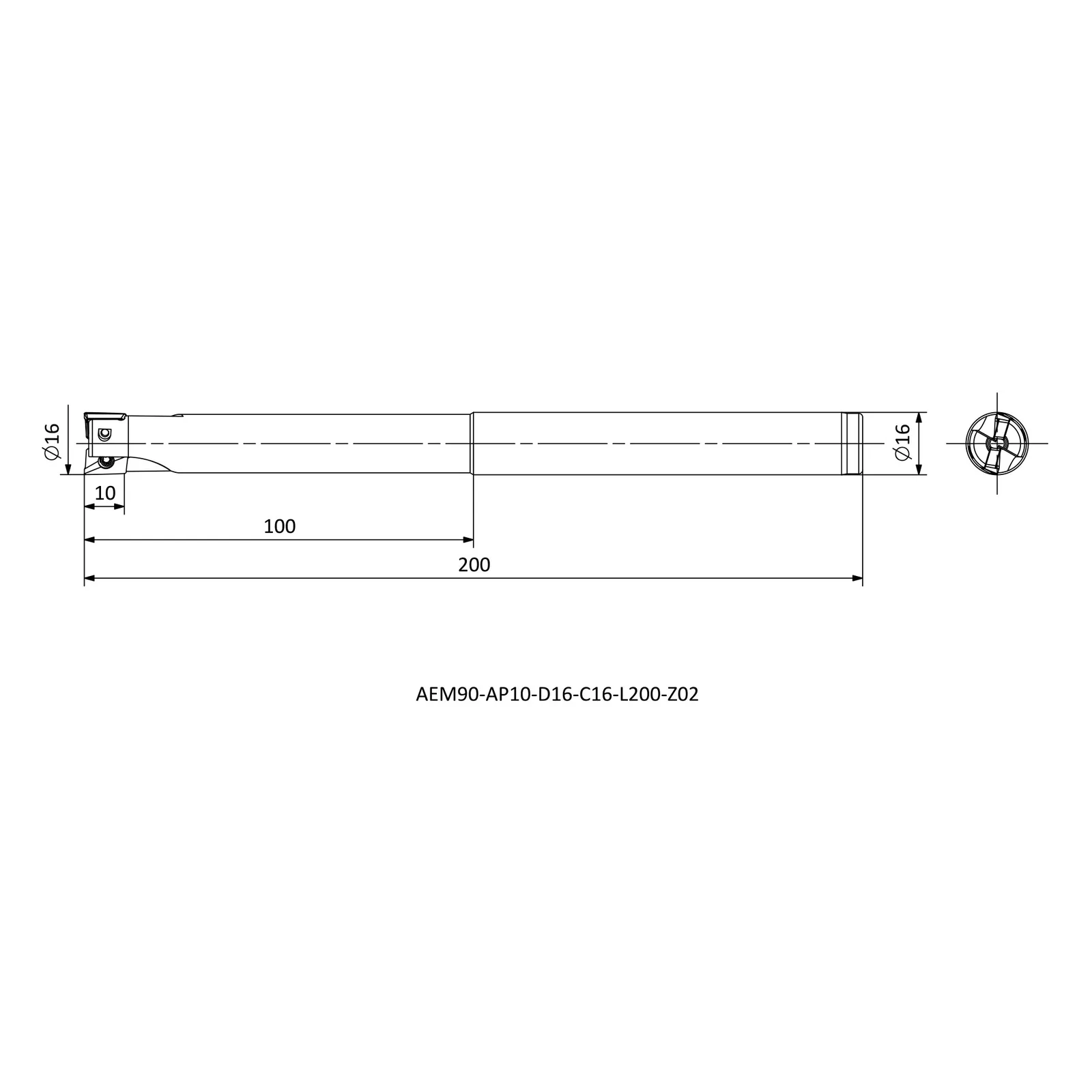 AEM90-AP10-D16-C16-L200-Z02 &mdash; dimensioned drawing