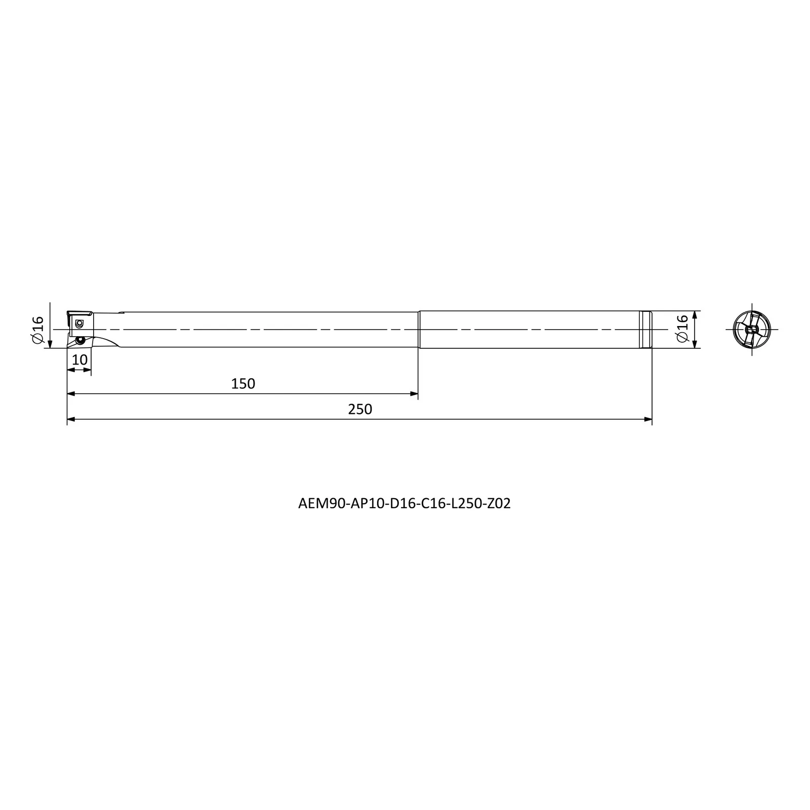 AEM90-AP10-D16-C16-L250-Z02 &mdash; dimensioned drawing