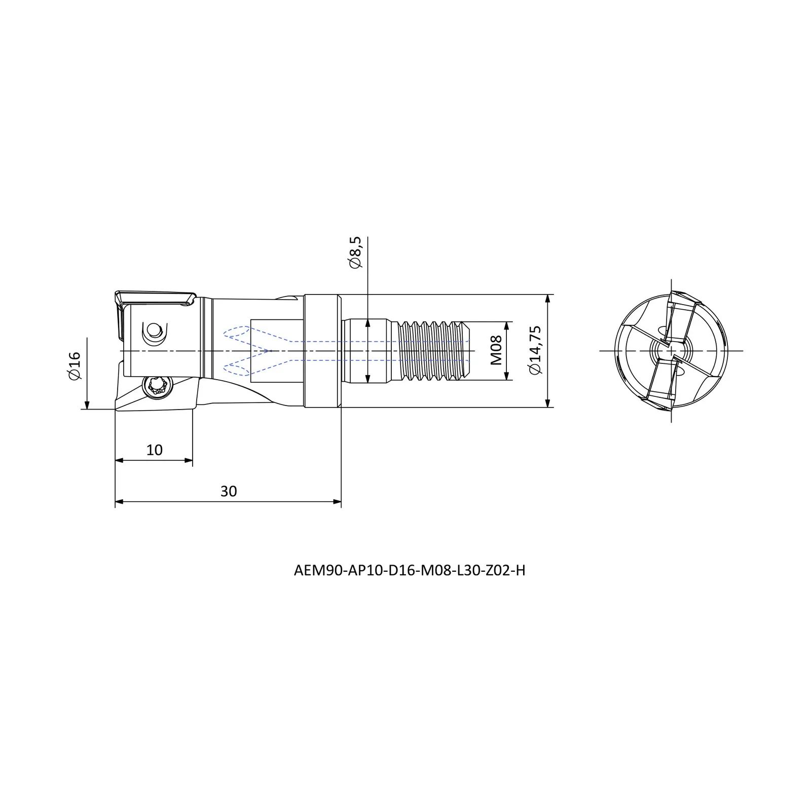 AEM90-AP10-D16-M08-L30-Z02-H &mdash; dimensioned drawing
