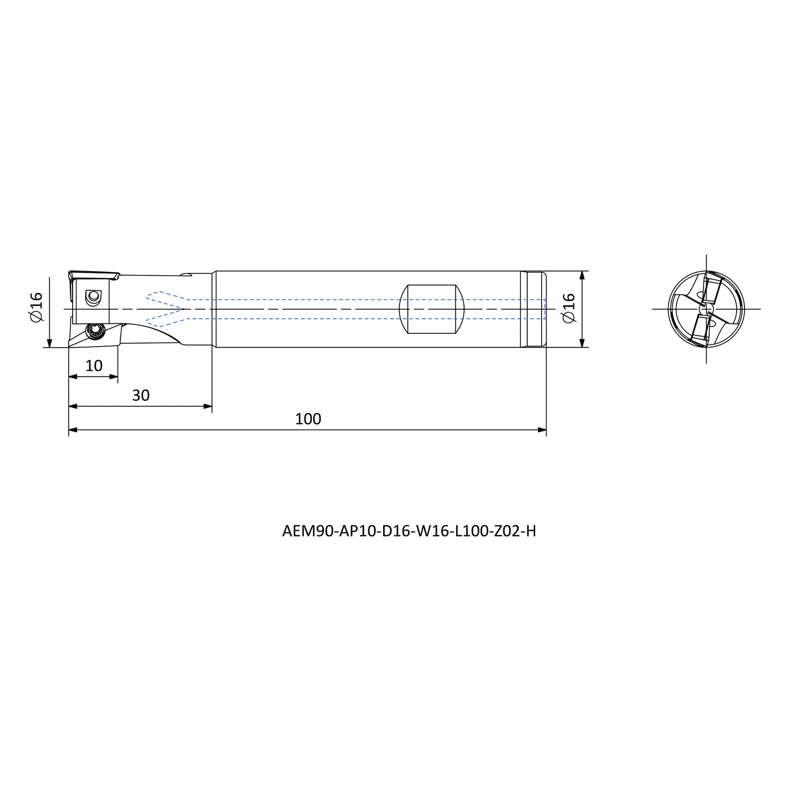 AEM90-AP10-D16-W16-L100-Z02-H &mdash; dimensioned drawing